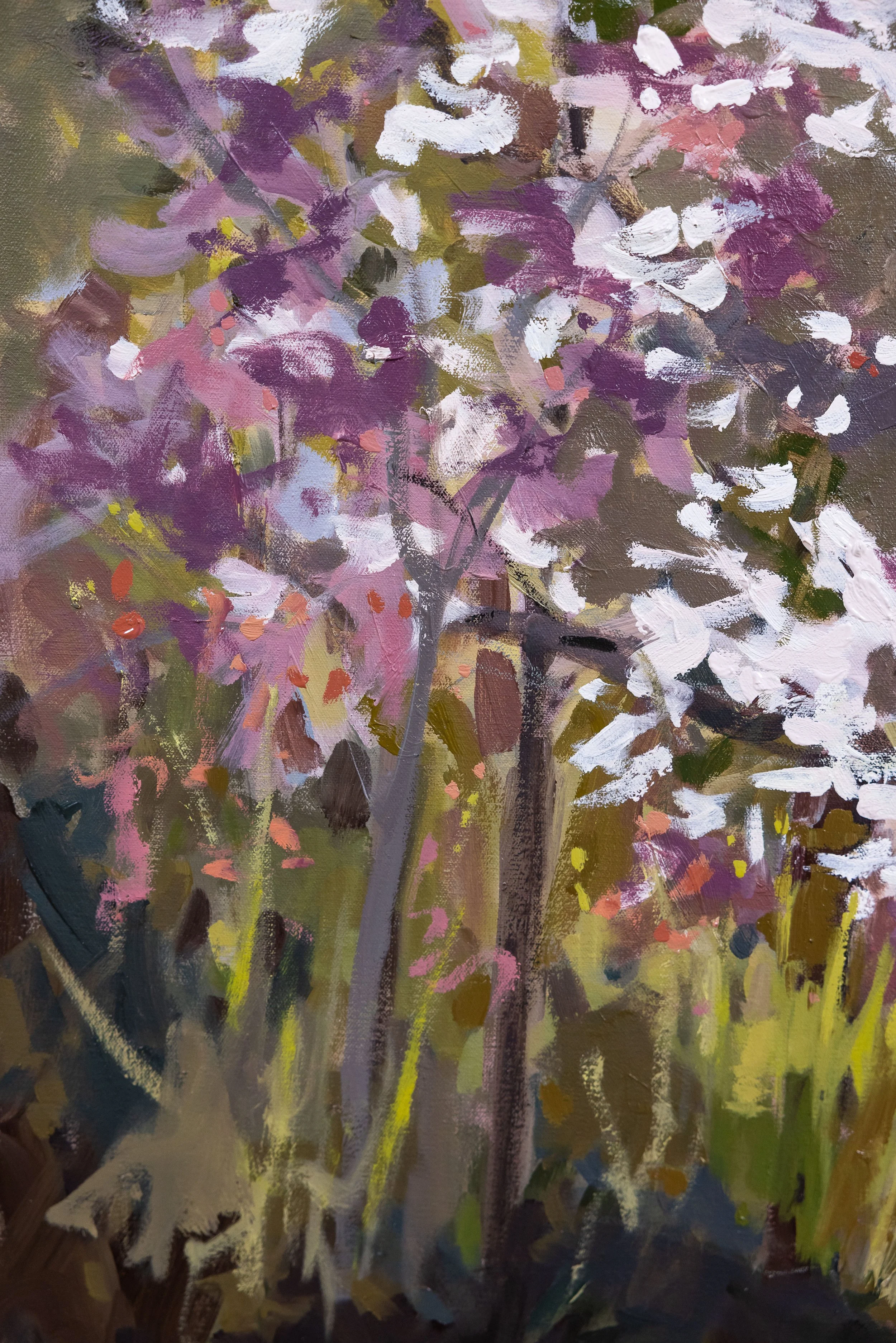 Detail of original oil landscape painting showing soft spring blossoms and layered foliage, with expressive brushwork and luminous light by Asheville artist Cheyenne Trunnell.