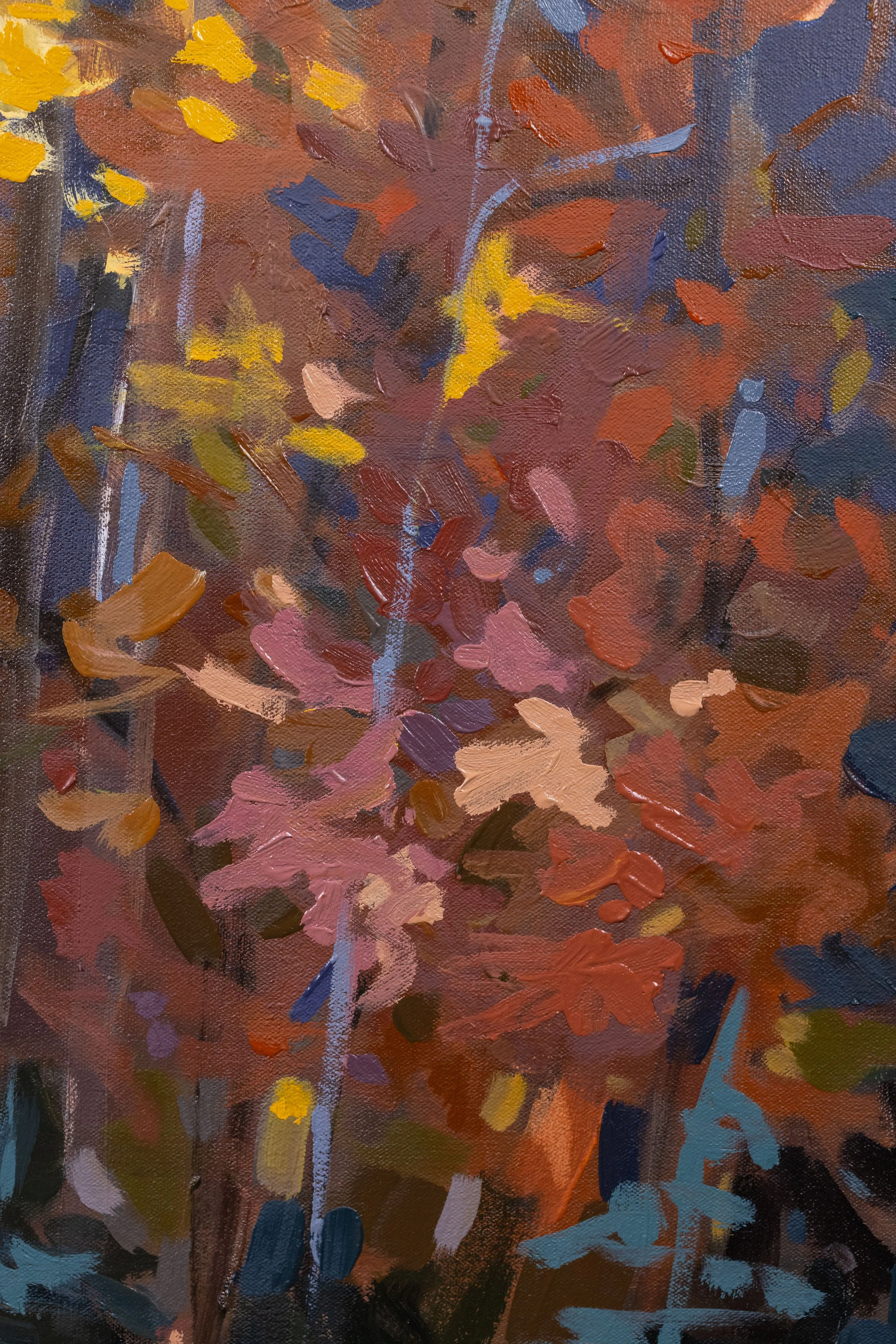 Original oil landscape painting by Asheville artist Cheyenne Trunnell showing up closet details of fall trees illuminated by golden light against mountain peaks, unframed, 36x48 inches.