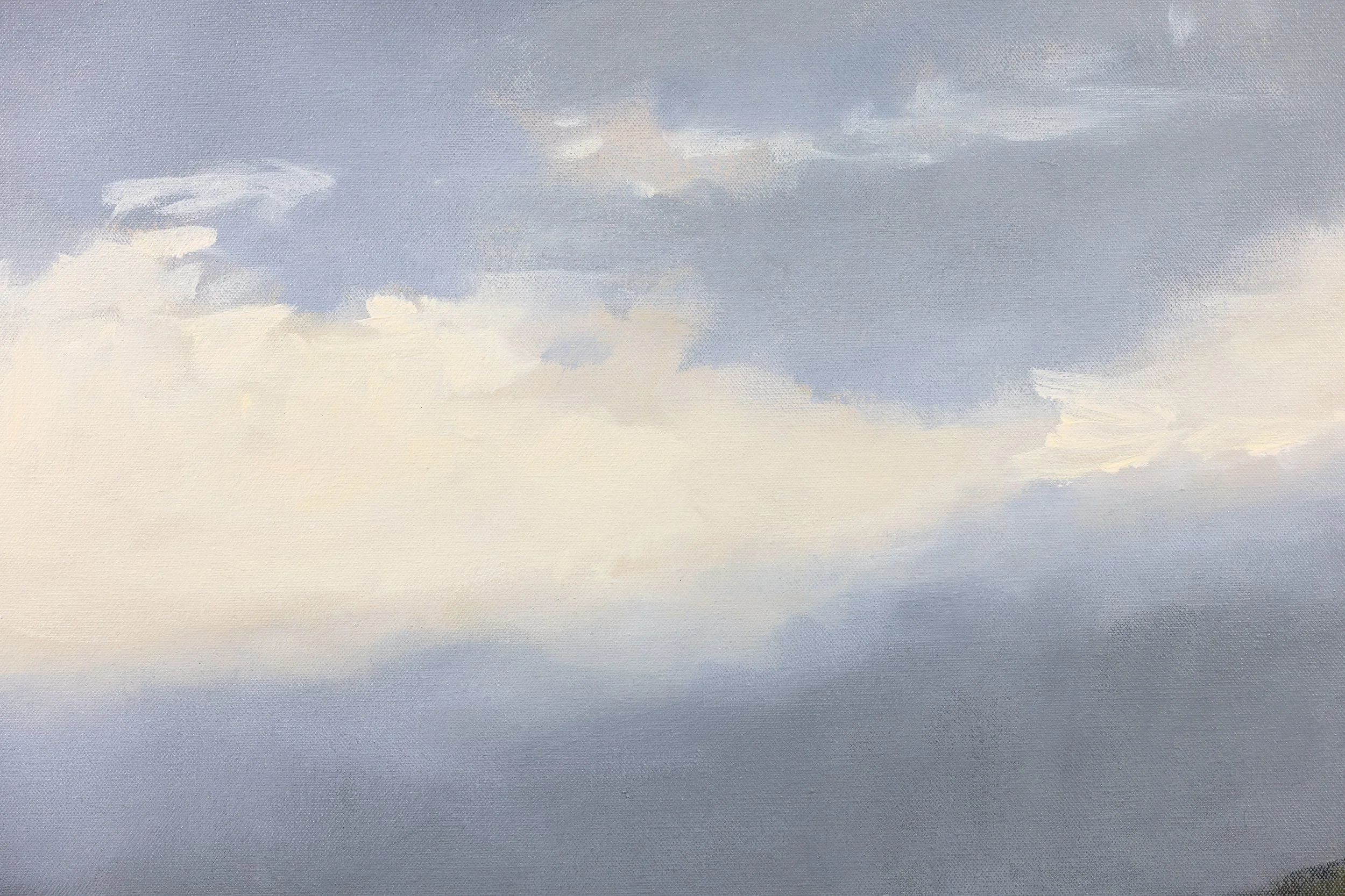 Detail of On the Wings of Dawn II by Cheyenne Trunnell, showing luminous white clouds stretching across a soft blue sky.