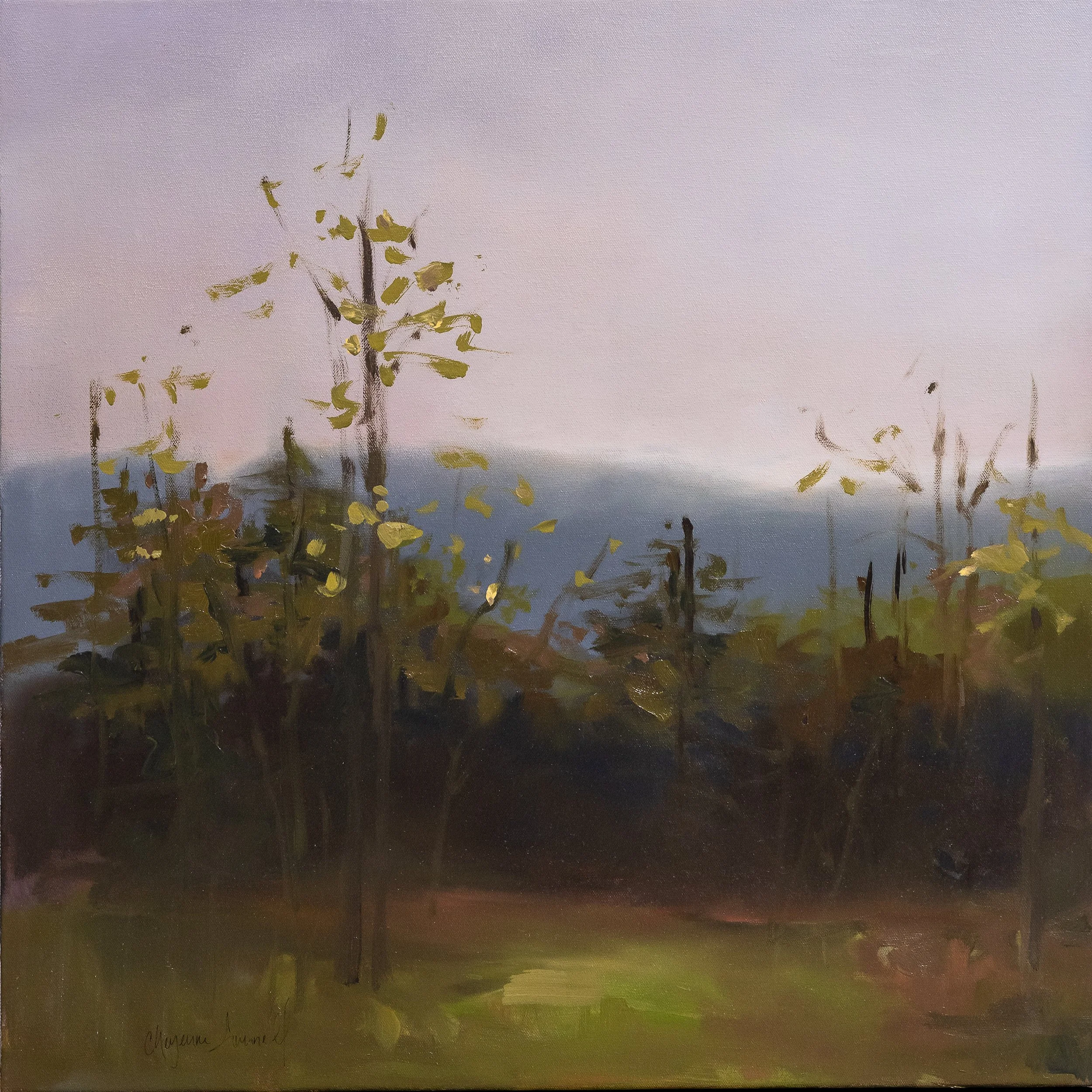 Detail of a framed oil landscape painting by Asheville artist Cheyenne Trunnell highlighting soft light and loose brushwork.