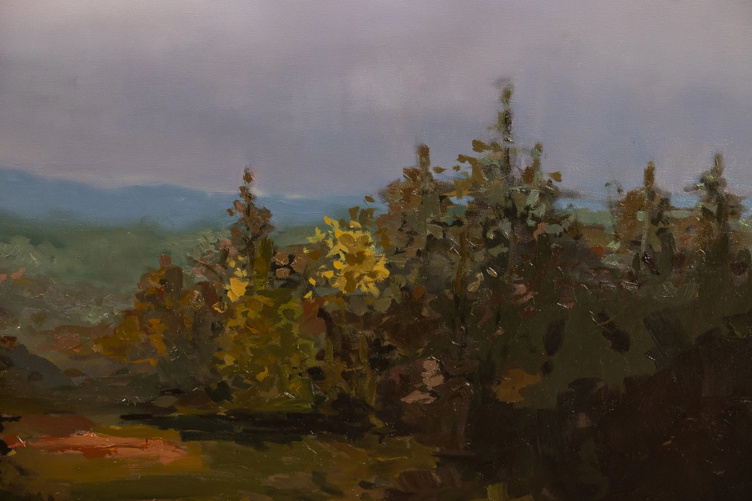 Close-up detail of original oil landscape painting by Asheville artist Cheyenne Trunnell featuring glowing autumn foliage and soft transitions of color, framed, 37x45 inches.