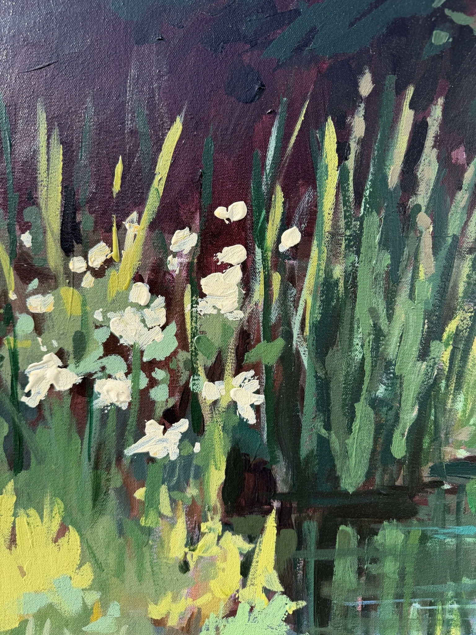 Detail of Beside the Still & Quiet Water by Cheyenne Trunnell, featuring delicate white flowers, tall green grasses, and expressive brushwork.