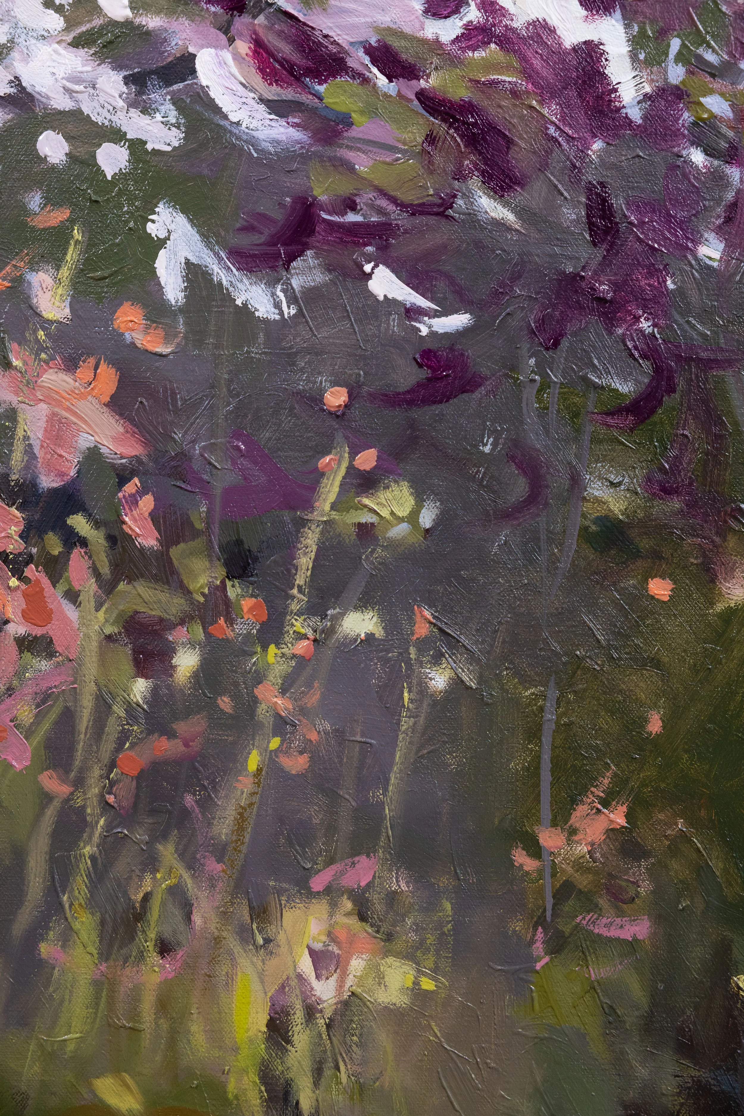 Abstract detail of original oil landscape painting highlighting layered brushstrokes, blooming spring foliage, and gentle movement inspired by renewal and hope.