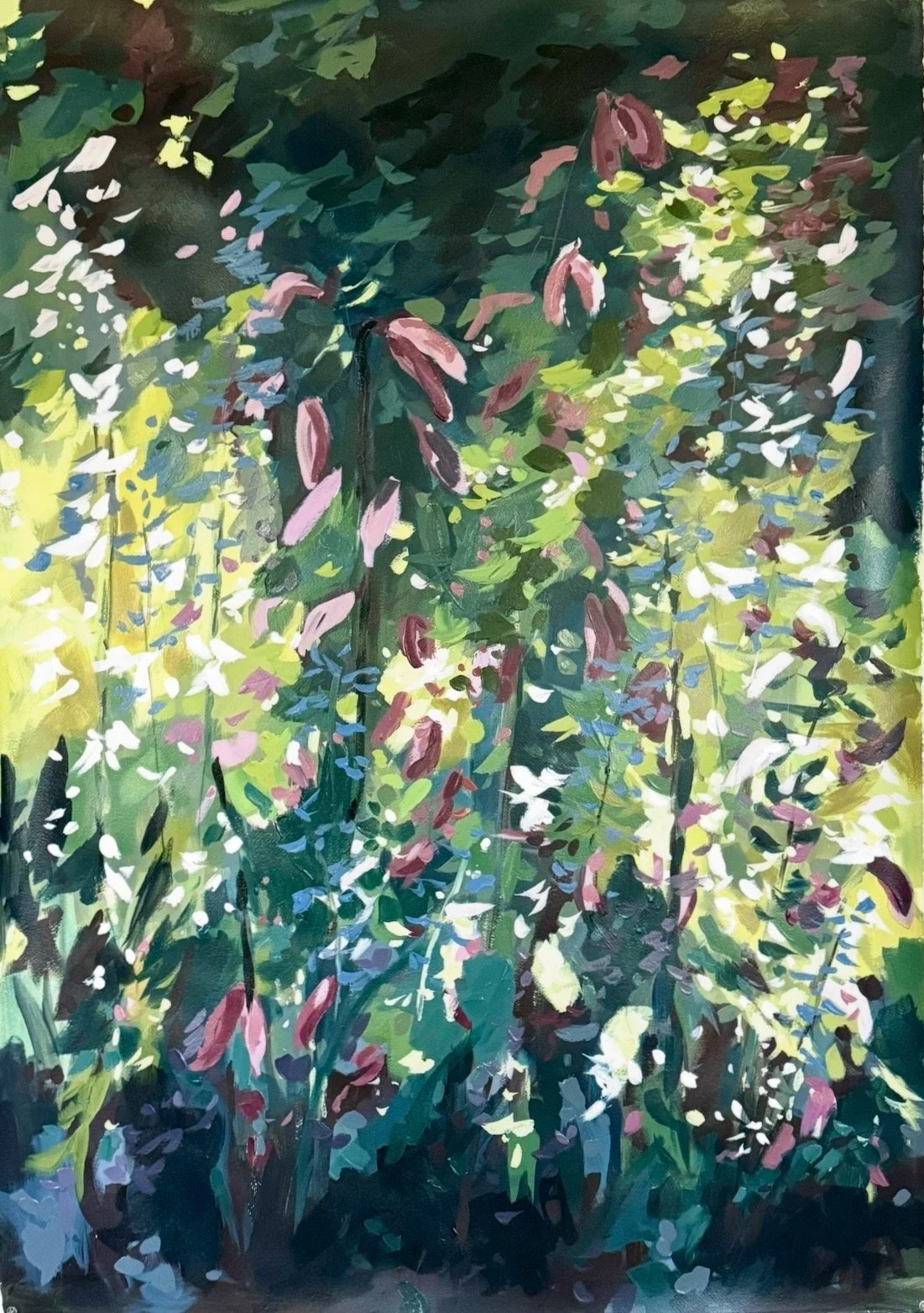 Original mixed media landscape painting by Asheville artist Cheyenne Trunnell depicting a field of purple and white flowers in soft light, unframed, 31x45 inches.