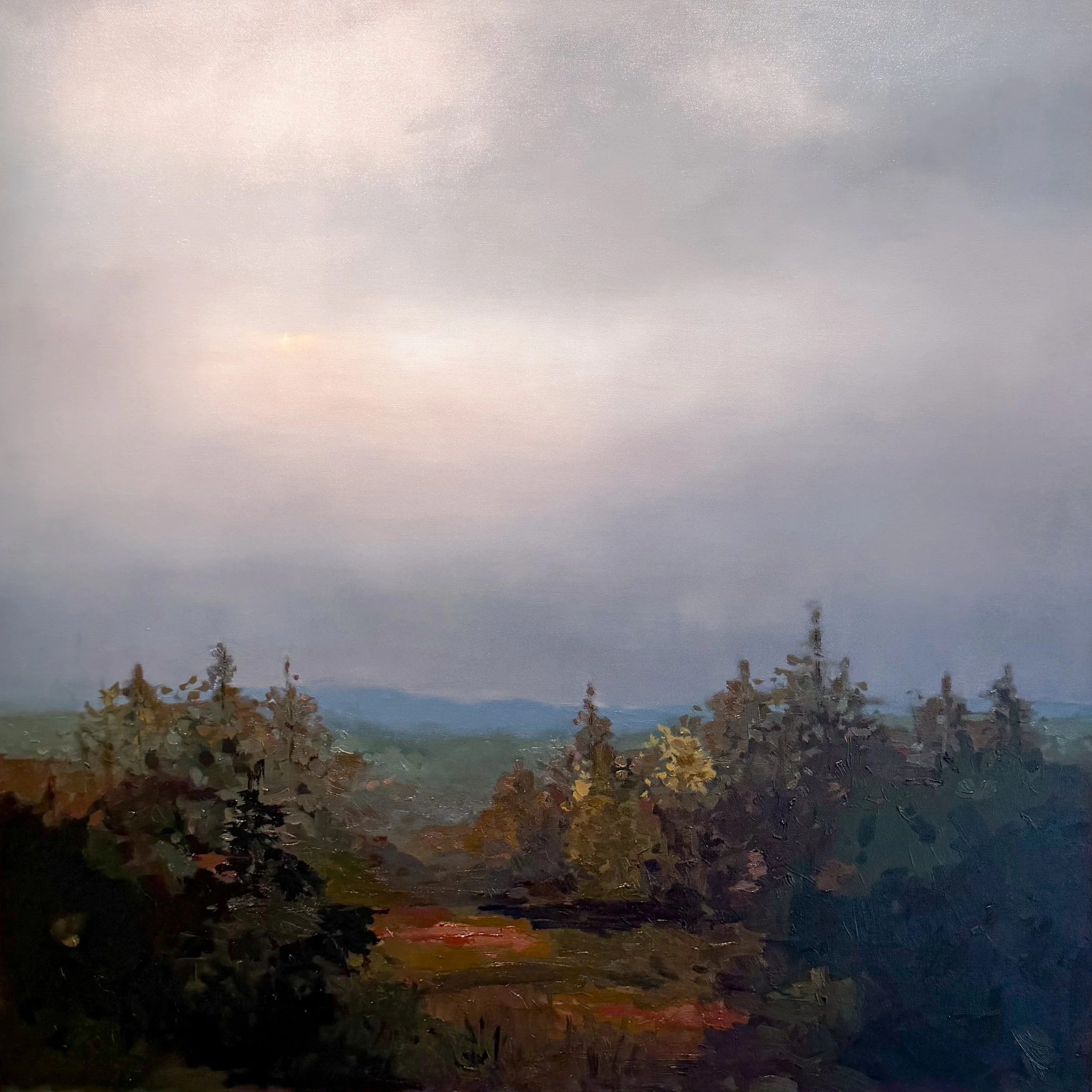 Original oil landscape painting by Asheville artist Cheyenne Trunnell depicting dusk settling over the North Carolina mountains, framed, 40x40 inches.