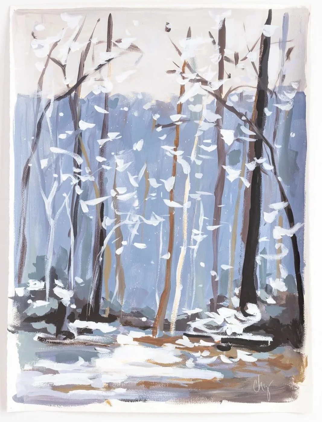 Original mixed media landscape painting by Asheville artist Cheyenne Trunnell depicting the forest’s first snowfall on bare winter trees against the mountains, unframed, 22x30 inches.