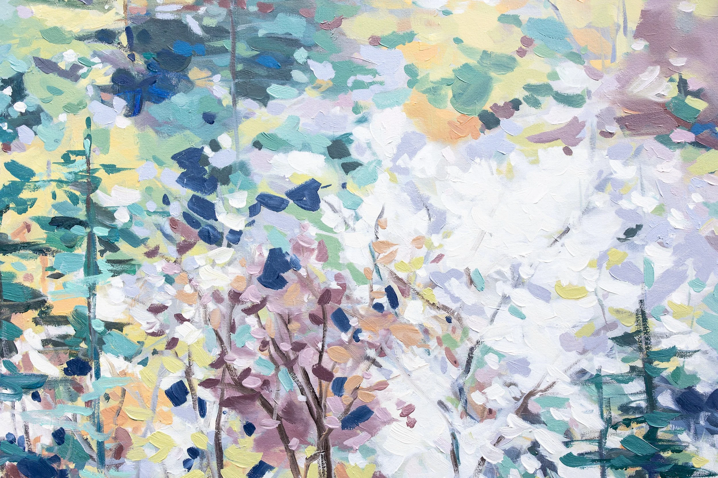 Artist-enhanced giclée print by Asheville artist Cheyenne Trunnell depicting up close details of an evergreen forest bathed in soft, faith-inspired light, unframed, 32x40 inches.