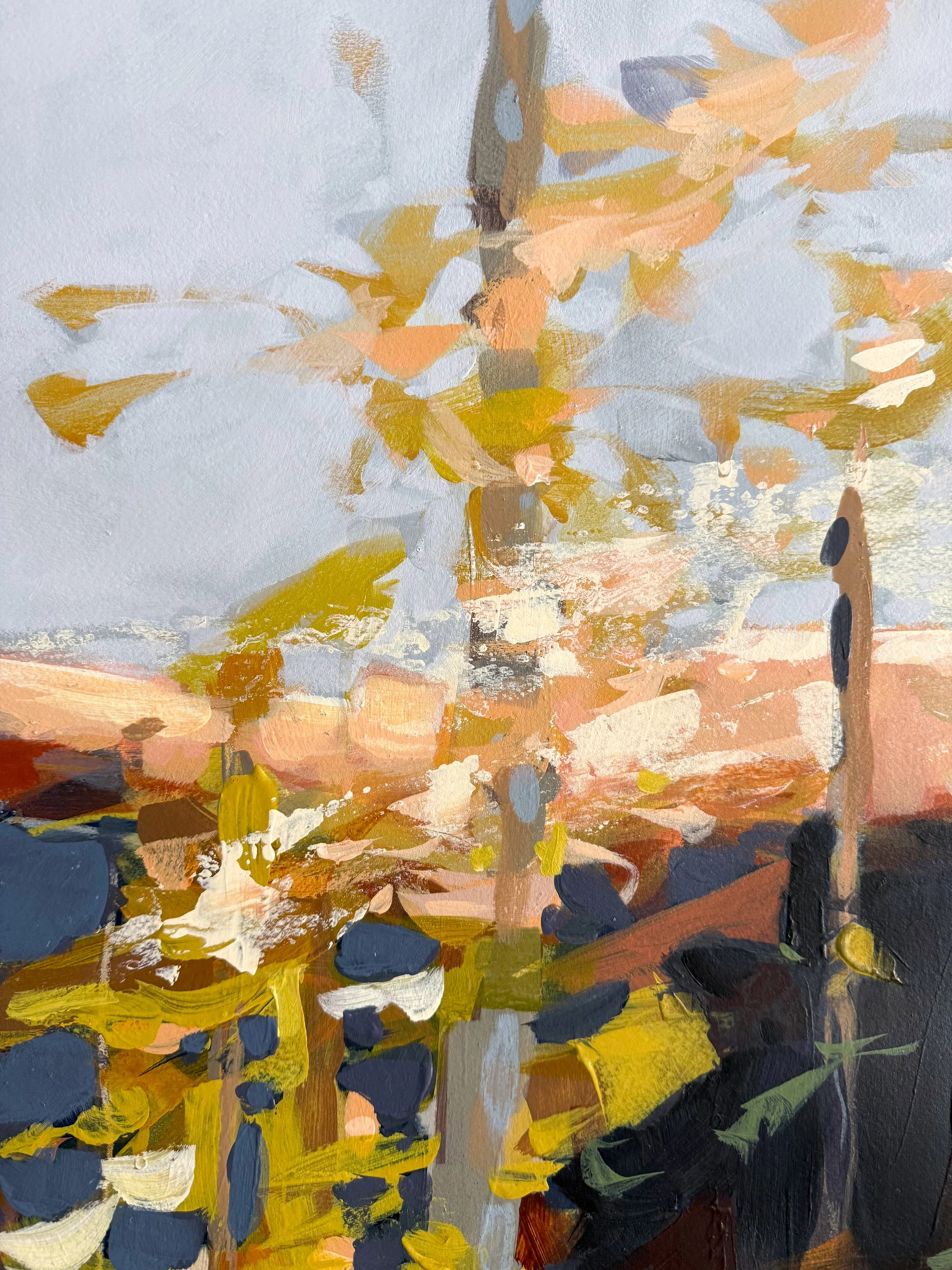 Original oil landscape painting by Asheville artist Cheyenne Trunnell showing up close details of fall trees glowing in the soft mountain morning light, unframed, 37x45 inches.