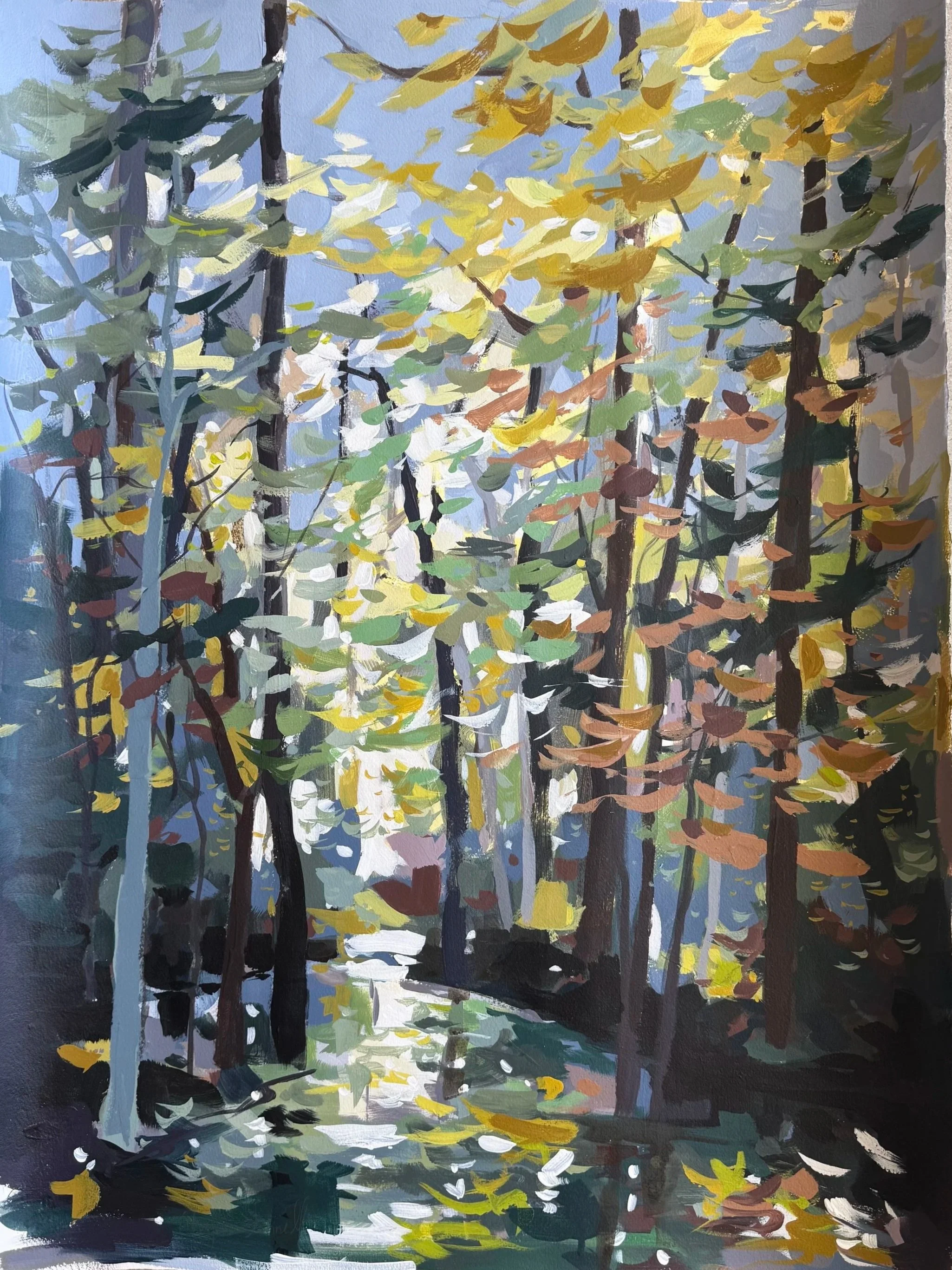 Original acrylic painting by Asheville artist Cheyenne Trunnell showing warm late-summer light filtering through tall forest trees in greens and golds, 22×30 inches on Arches paper.