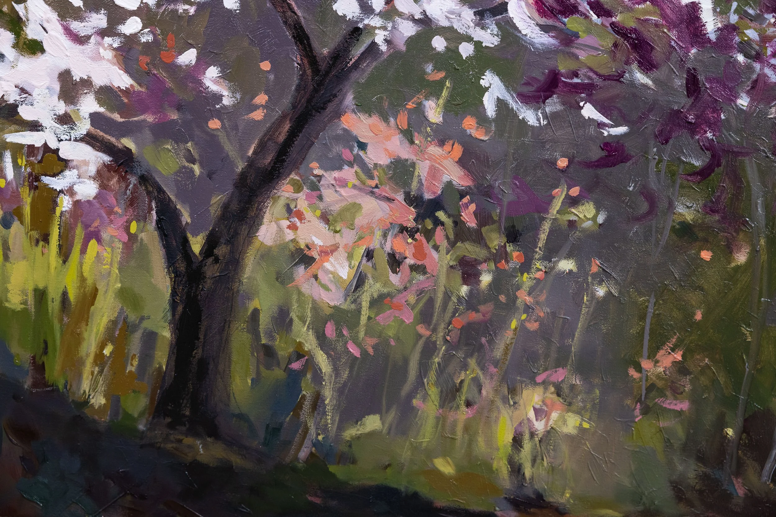 Close-up detail of an original oil painting featuring dark tree branches, soft floral forms, and flowing spring color, expressing renewal and light by Cheyenne Trunnell.