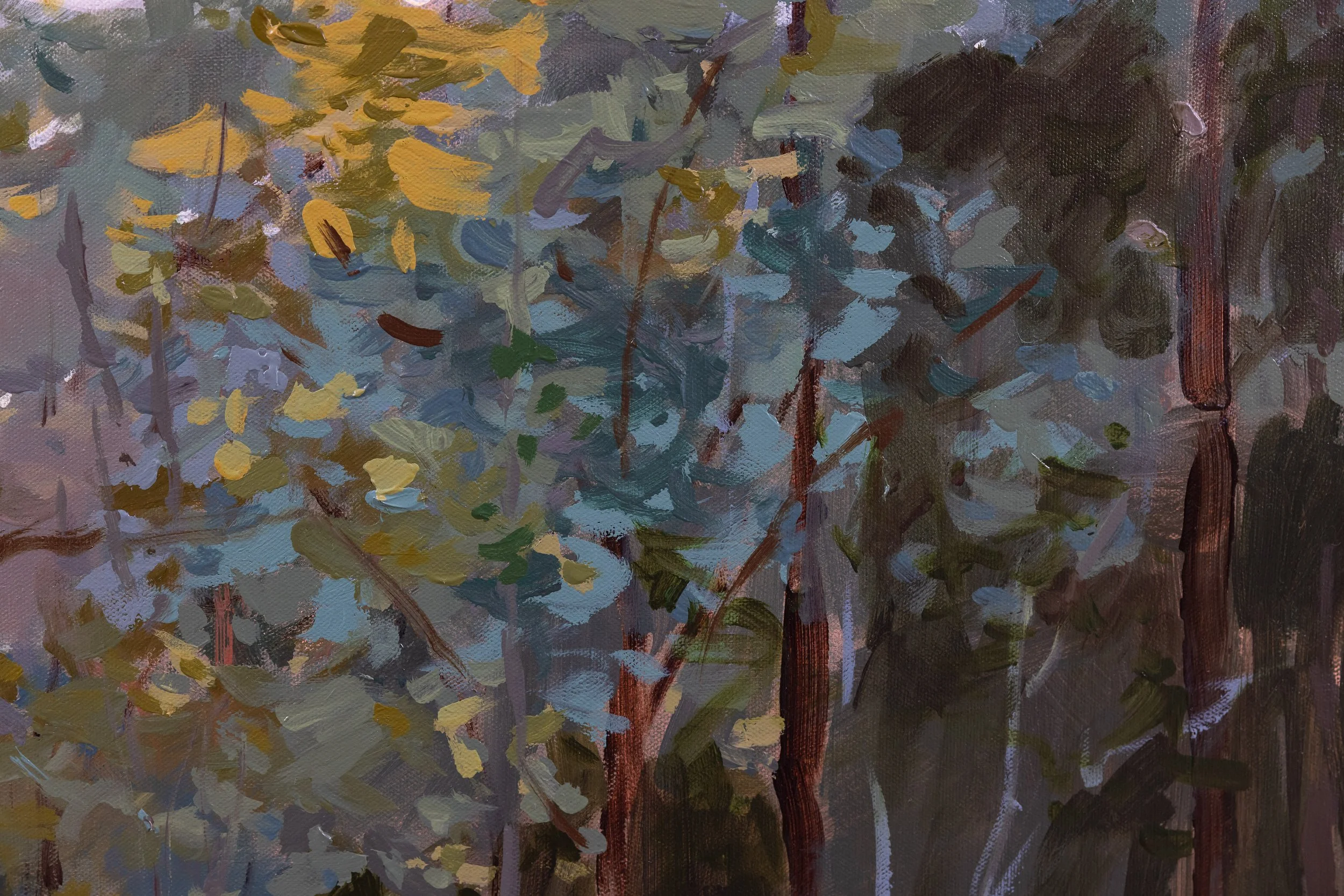 Detail of At the Edge of Stillness showing layered blue-green foliage, gold accents, and expressive brushwork.