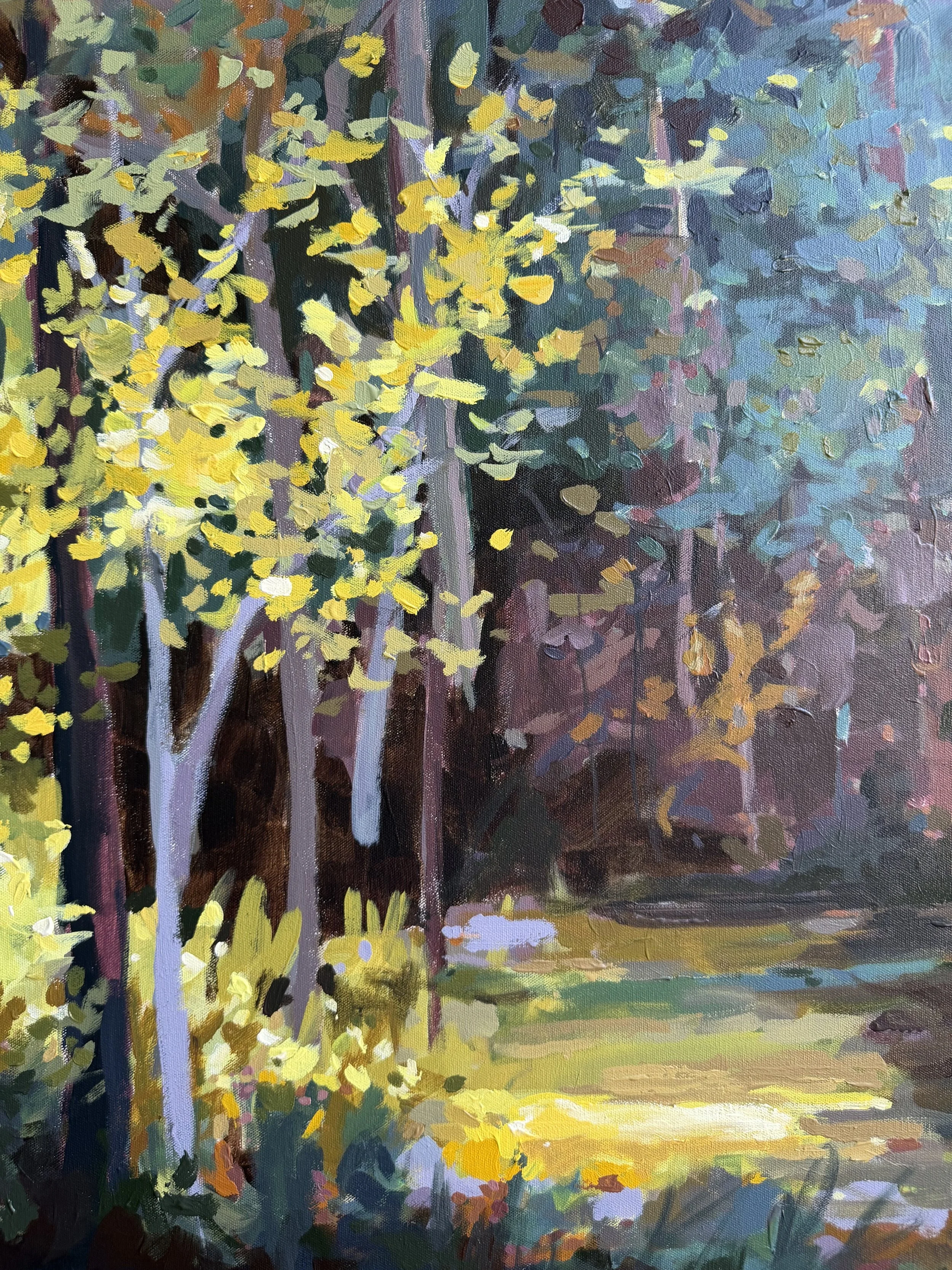 Detail of mixed media landscape painting featuring yellow leaves on trees and layered forest canopy with expressive brushwork and filtered natural light.
