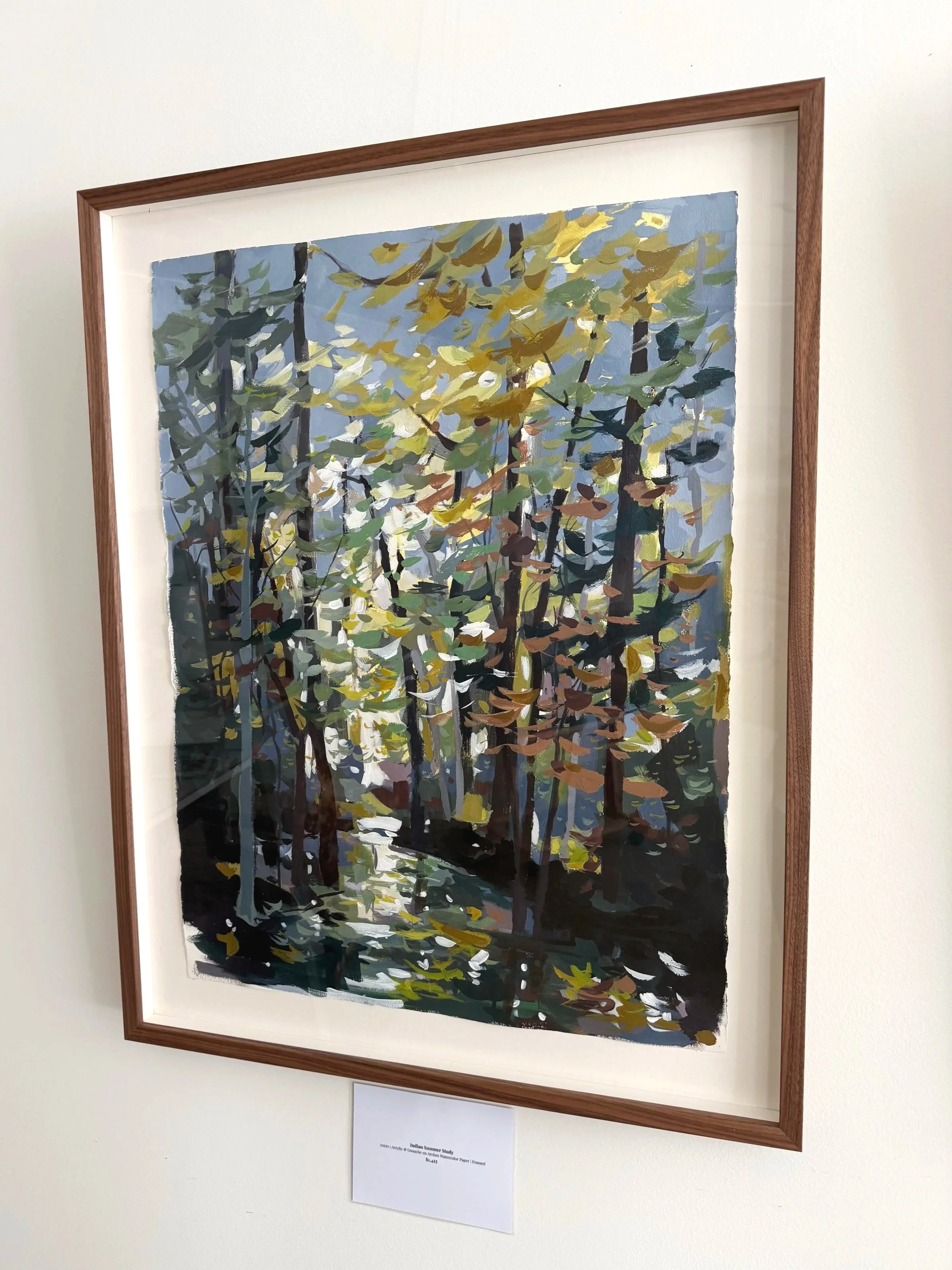 Acrylic woodland painting by Asheville artist Cheyenne Trunnell, framed in walnut and displayed on a gallery wall, 22×30 inches.