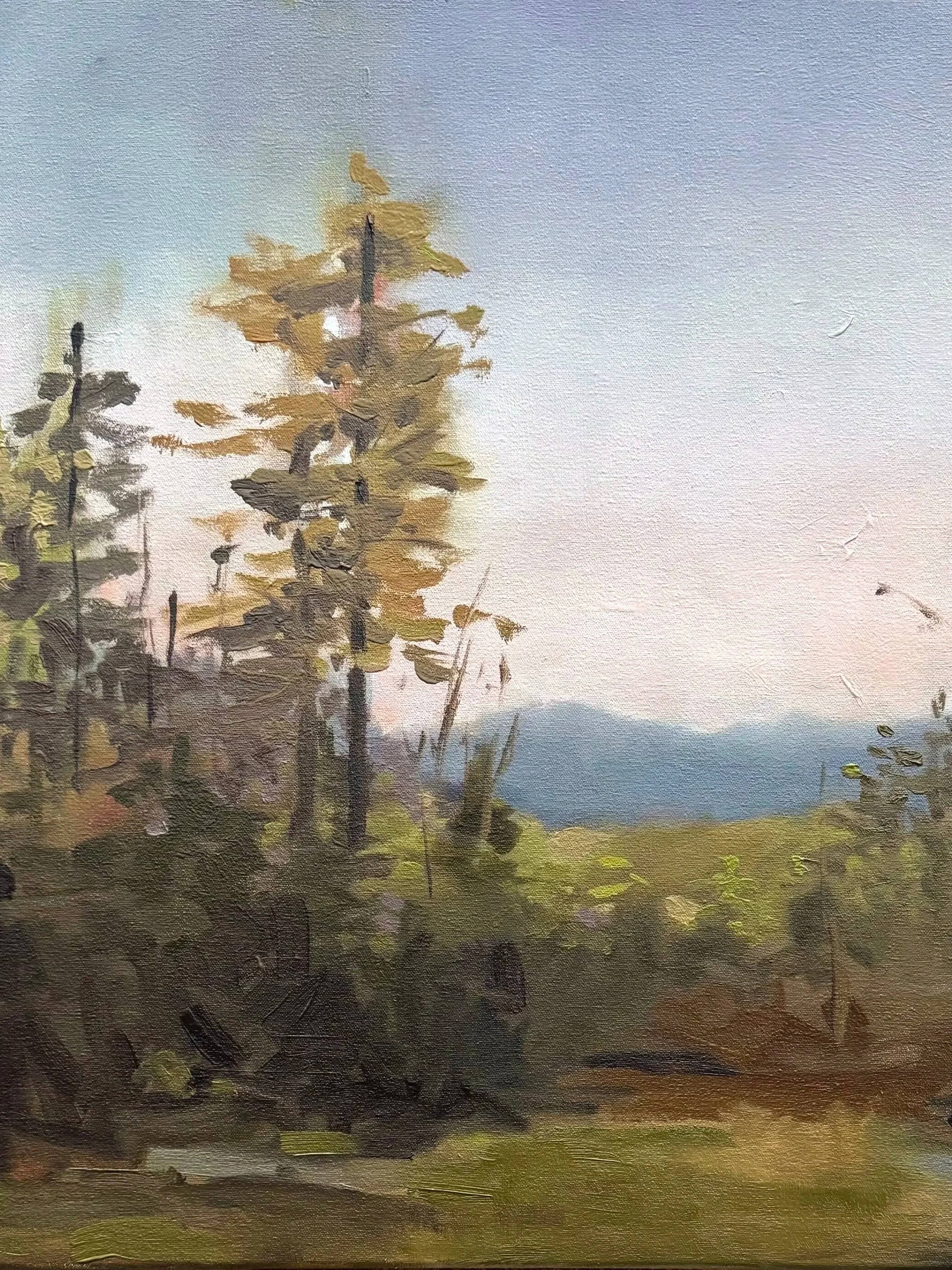 Original oil landscape painting by Asheville artist Cheyenne Trunnell showing warm light spreading across soft hills and sky, symbolizing presence and quiet reflection, framed, 24x24 inches.