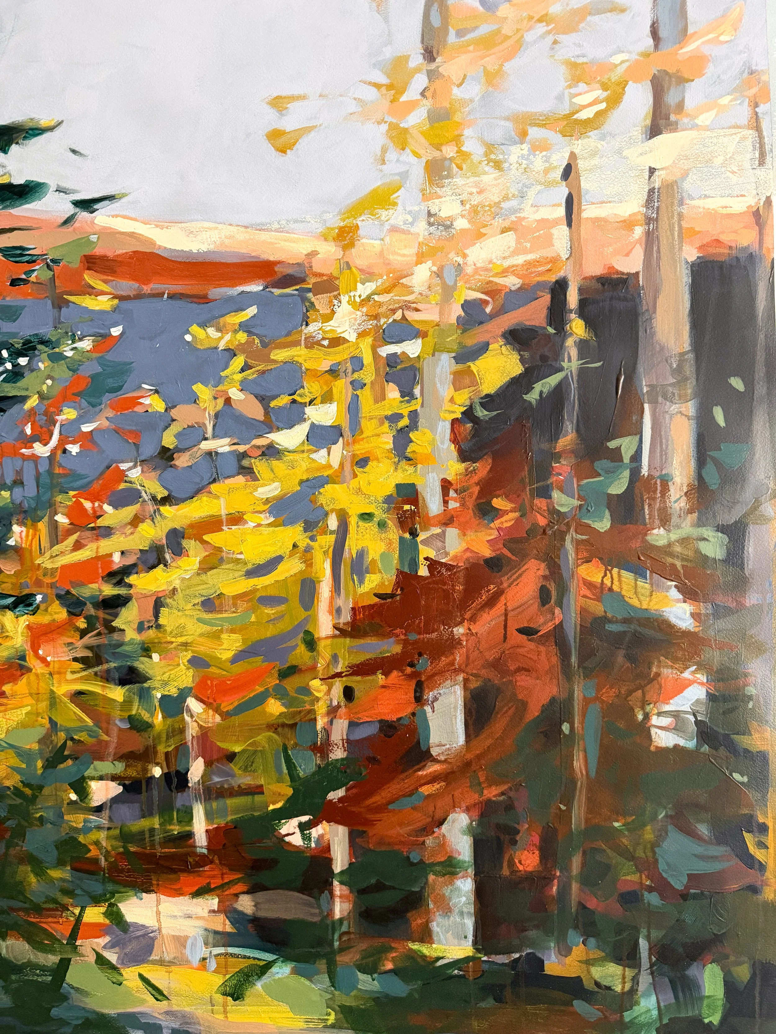 Original oil landscape painting by Asheville artist Cheyenne Trunnell showing up close details of fall trees glowing in the soft mountain morning light, unframed, 37x45 inches.