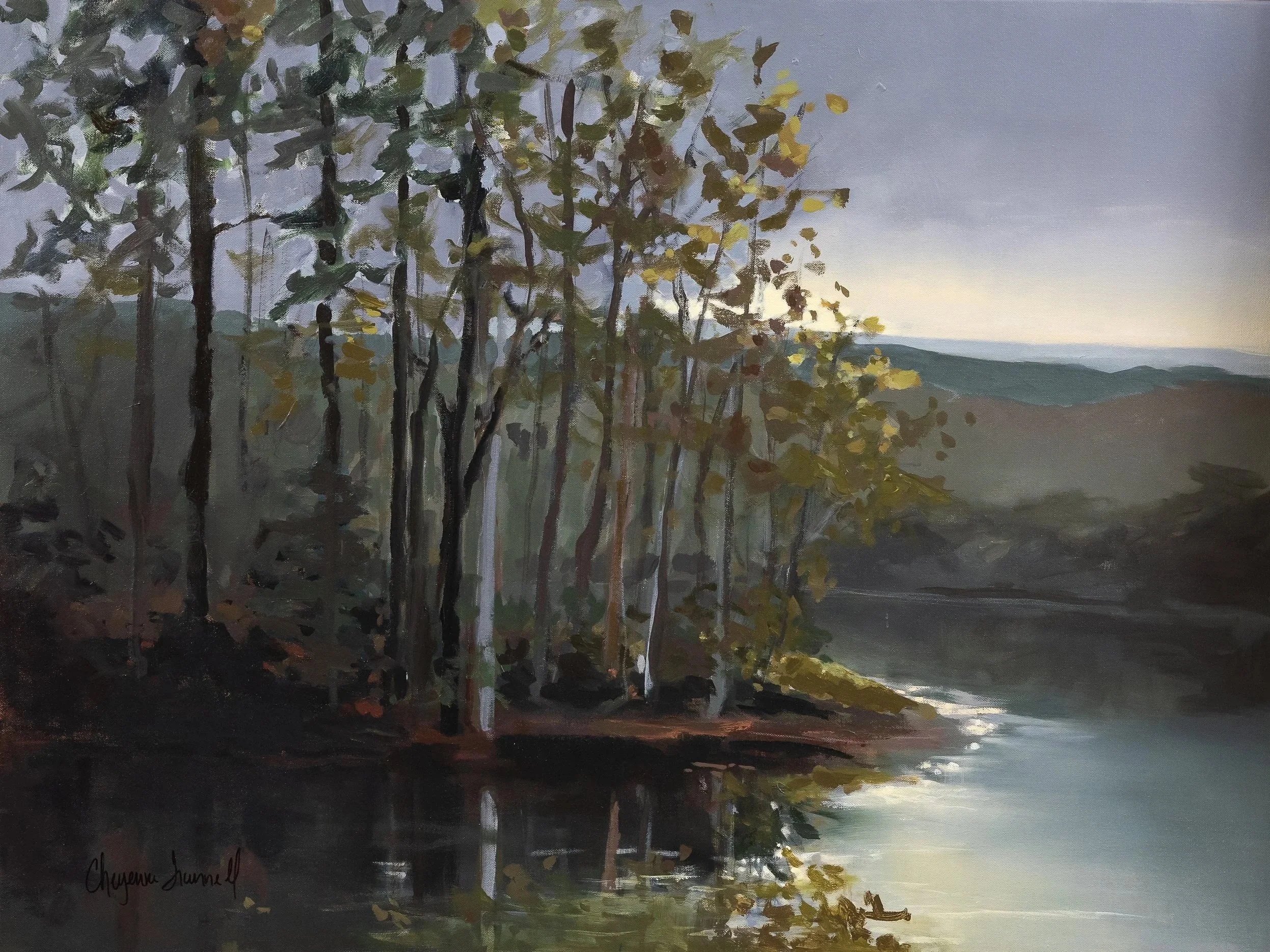 The First Glimpse of Light by Cheyenne Trunnell, a landscape painting with slender woodland trees, distant blue-gray mountains, golden foliage, and morning light reflecting on still water.
