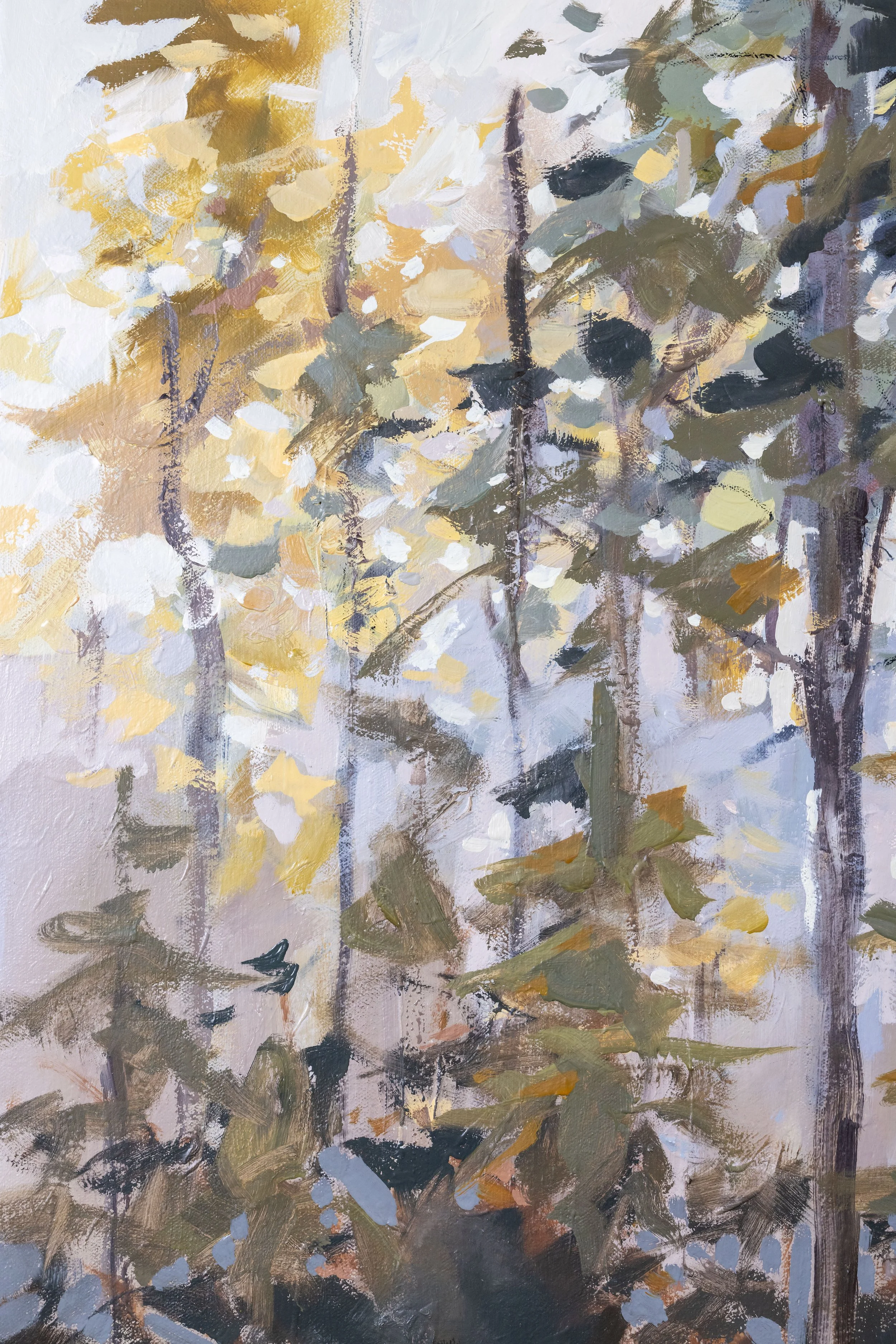 Close-up of All the Light We Cannot See, highlighting soft golden leaves, pale blue-gray light, and layered, expressive brushwork among the trees.