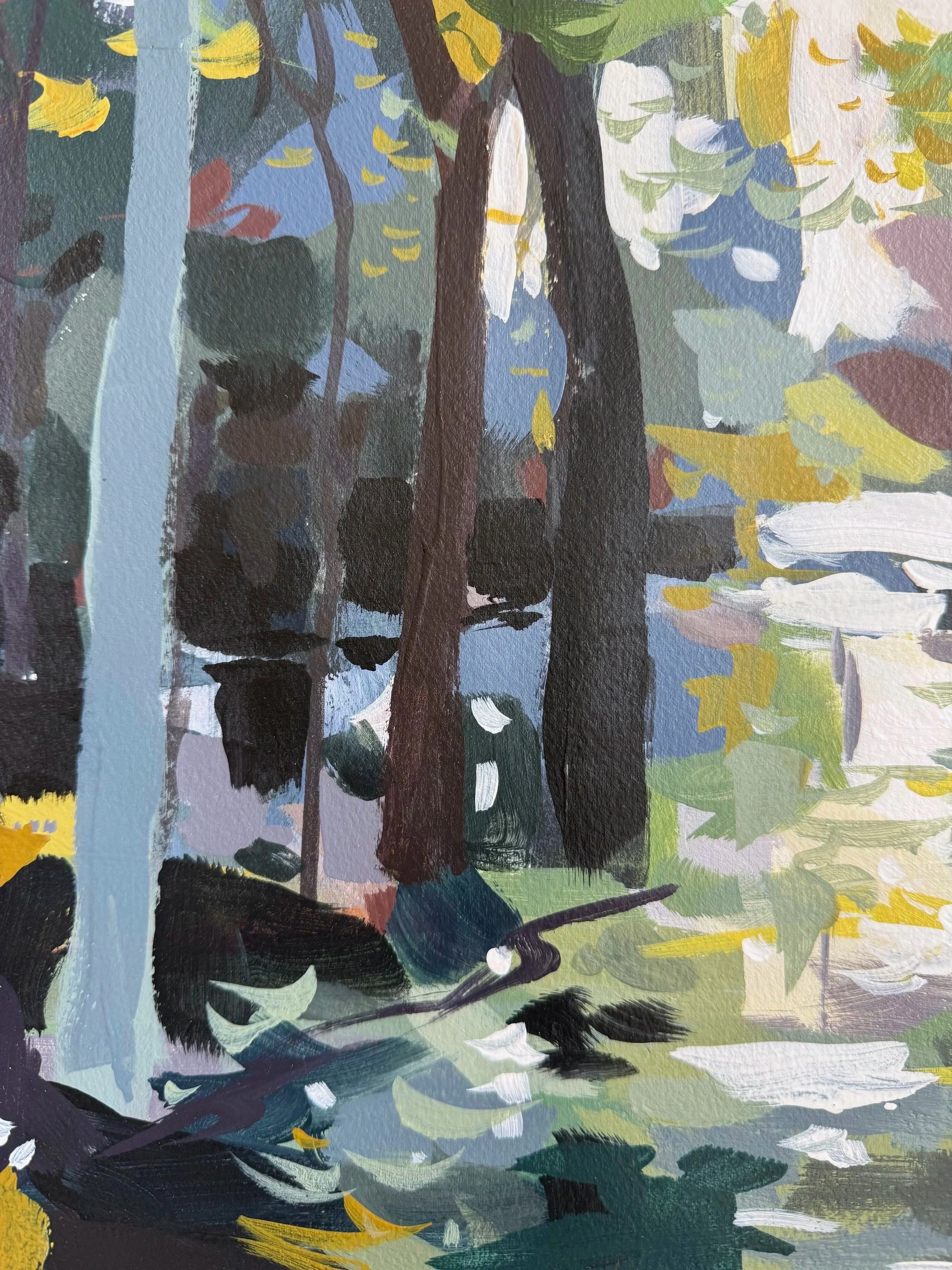 Detail of upper foliage with expressive green, white, and golden strokes from Indian Summer Study.