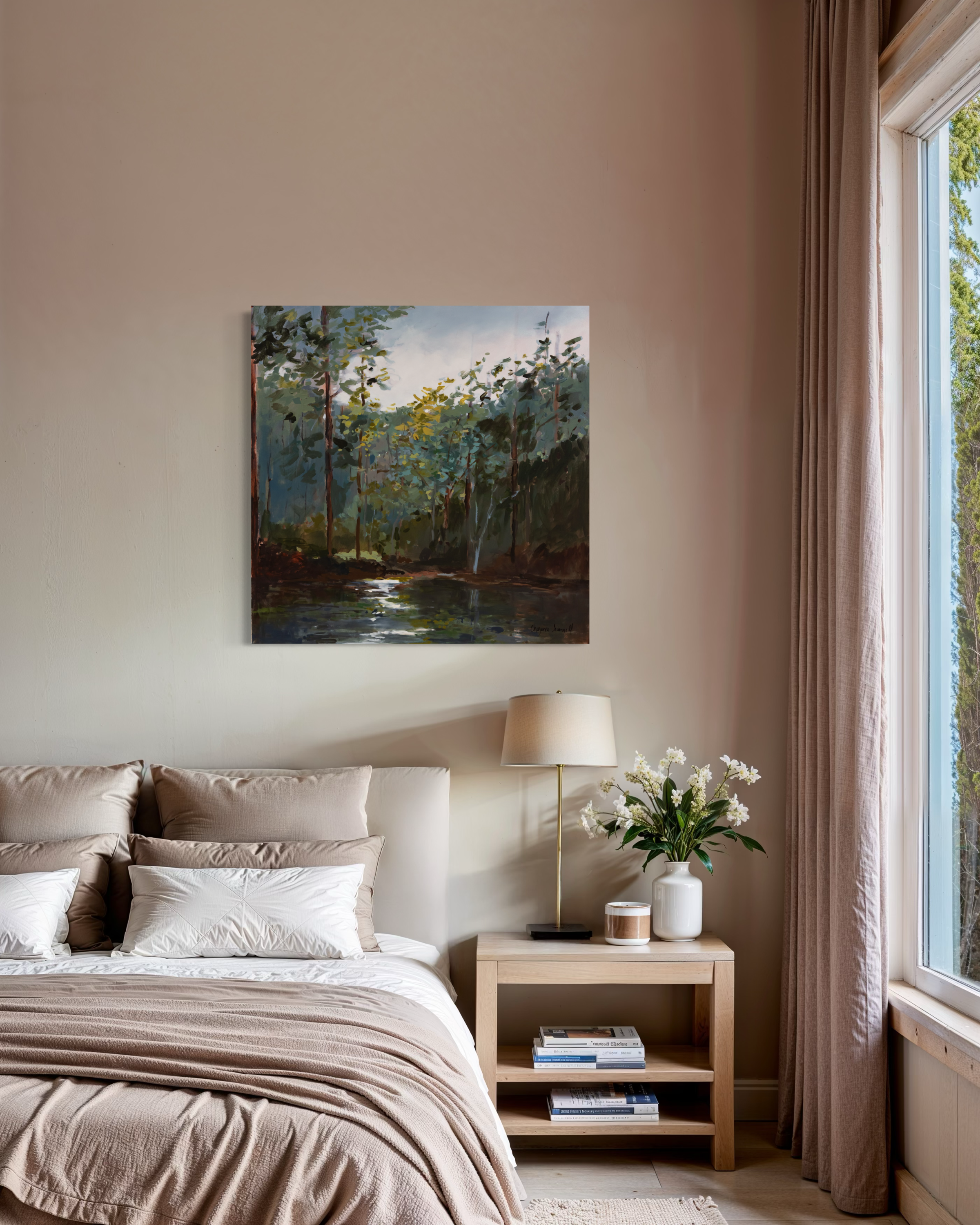 At the Edge of Stillness shown framed above a bed in a warm neutral bedroom interior.