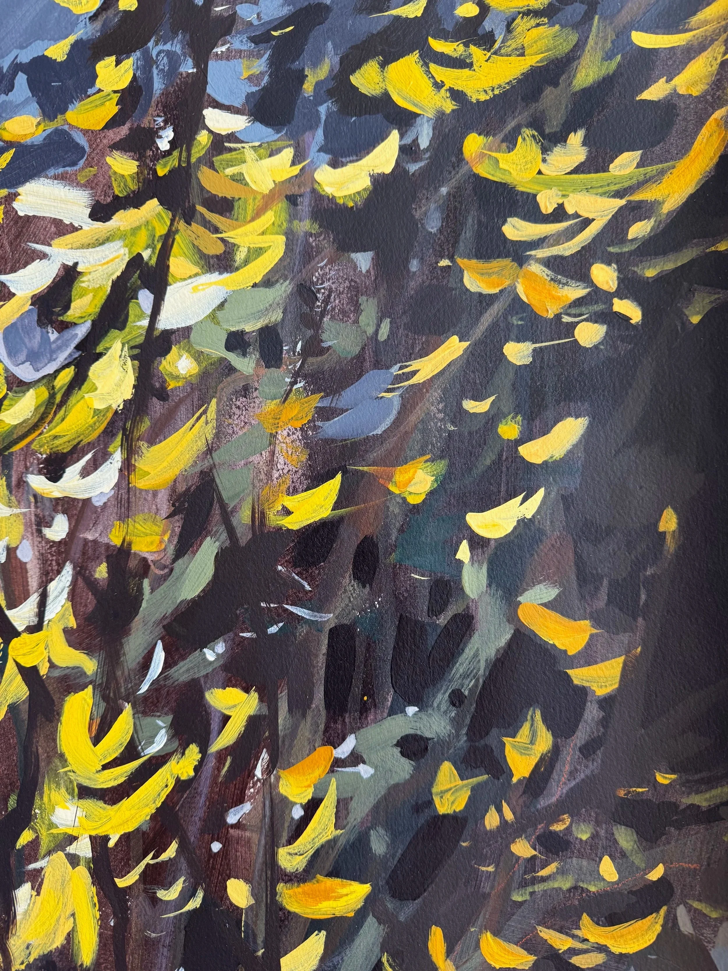 Close-up of dense forsythia branches and deep green tones, highlighting expressive marks and color variation in the acrylic painting.