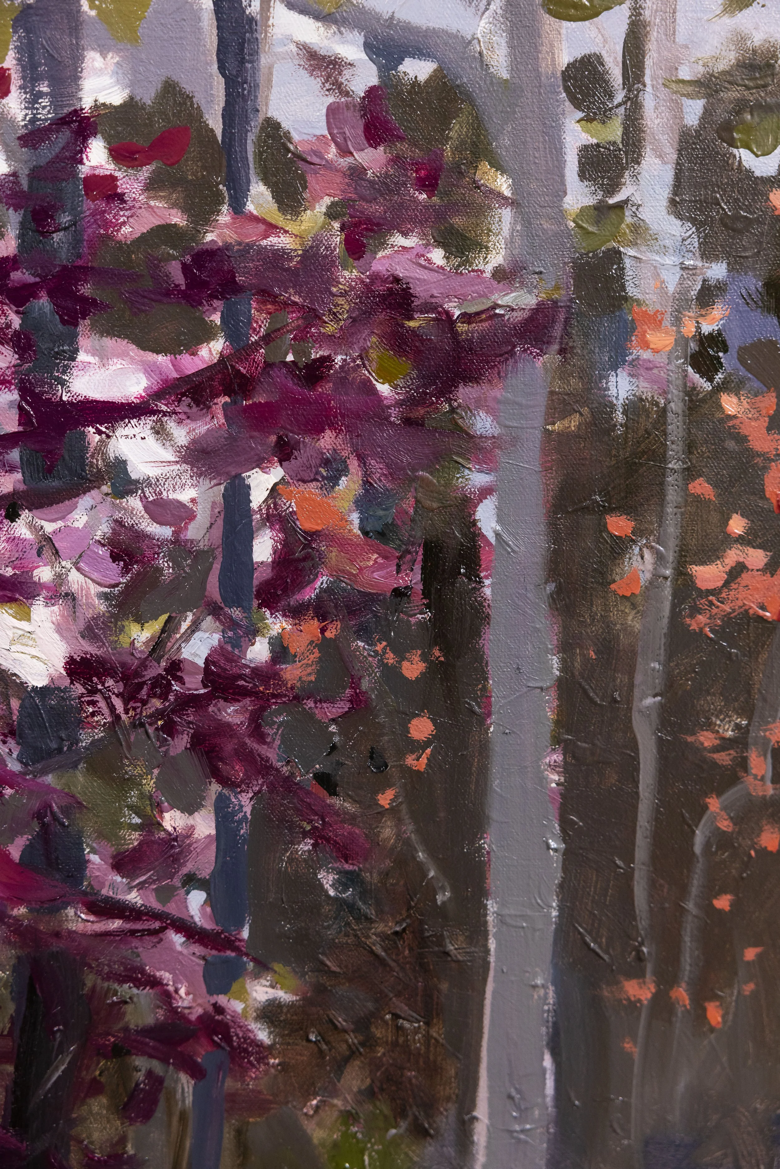 Vertical detail of an unframed oil landscape painting with blooming branches, warm magenta tones, and soft woodland light by Asheville-based artist Cheyenne Trunnell.