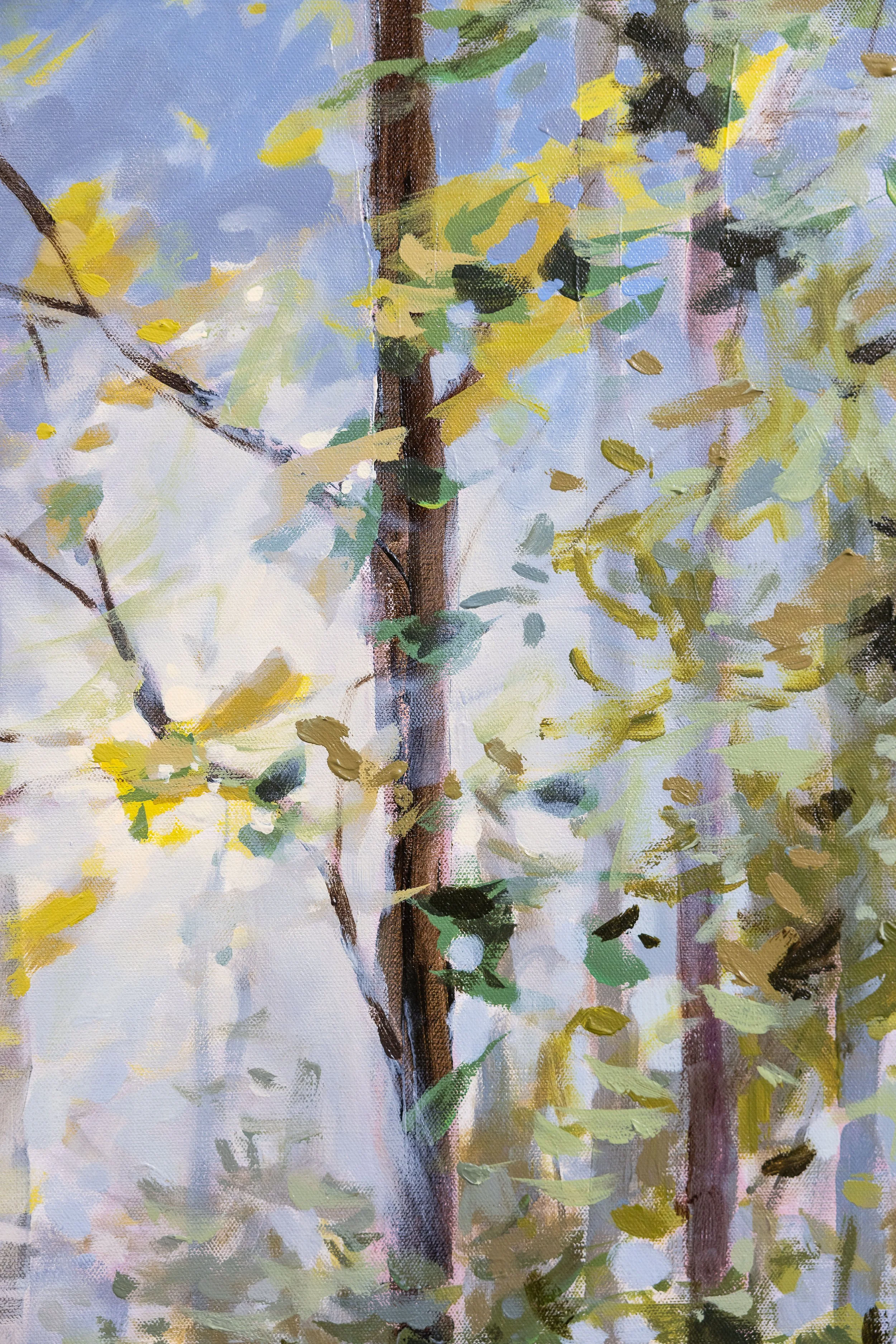 Vertical detail of an oil painting showing slender tree trunks and early spring foliage with light moving through the forest, emphasizing growth, stillness, and natural rhythm.