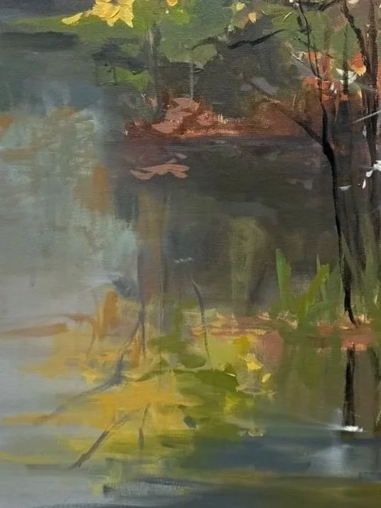 Detail of Our Hearts Are Restless Until They Rest in Thee, featuring calm blue-gray water, muted green trees, and warm autumn reflections.