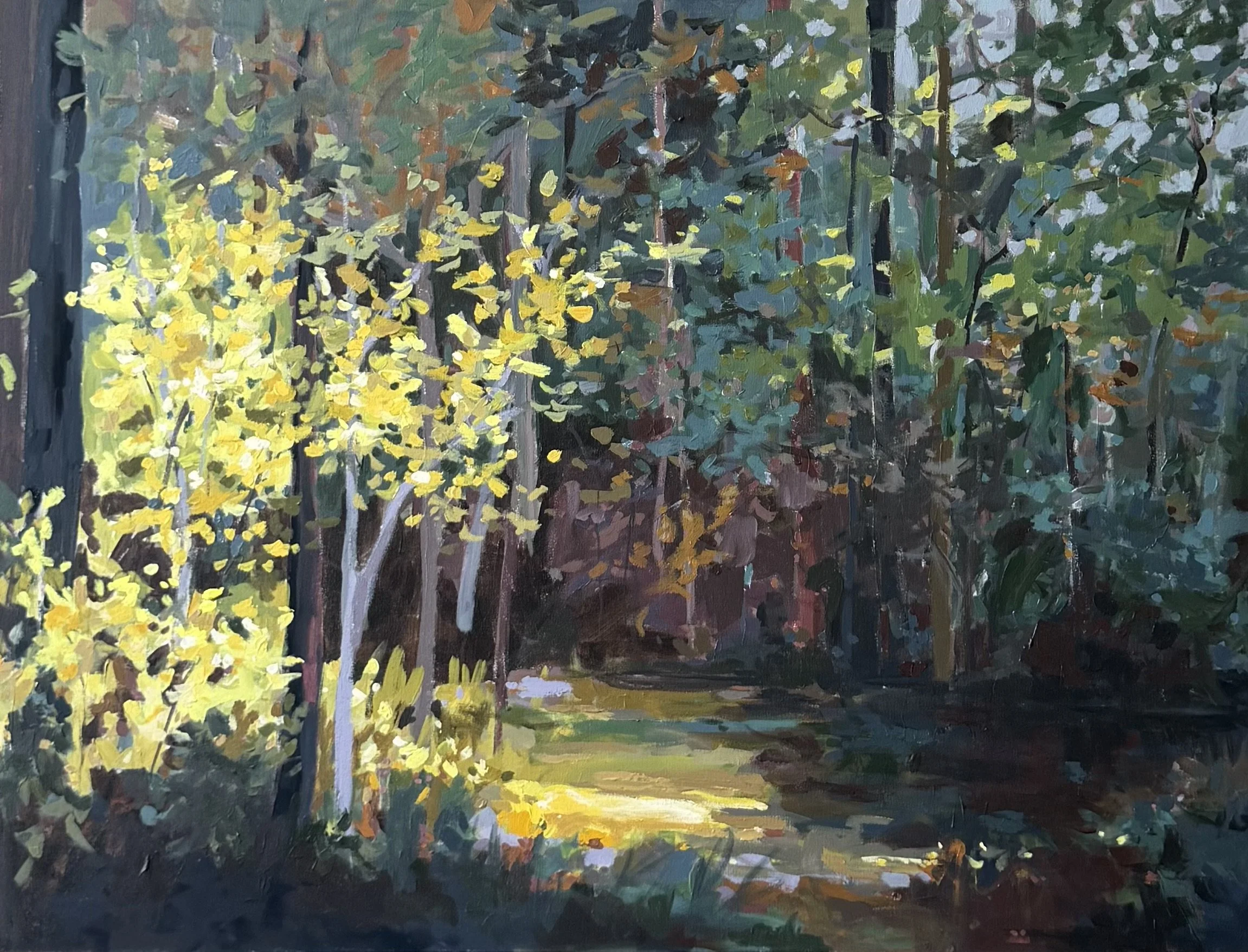 Original mixed media landscape painting by Asheville artist Cheyenne Trunnell showing a woodland scene with golden leaves, tall trees, and light moving across the forest floor.
