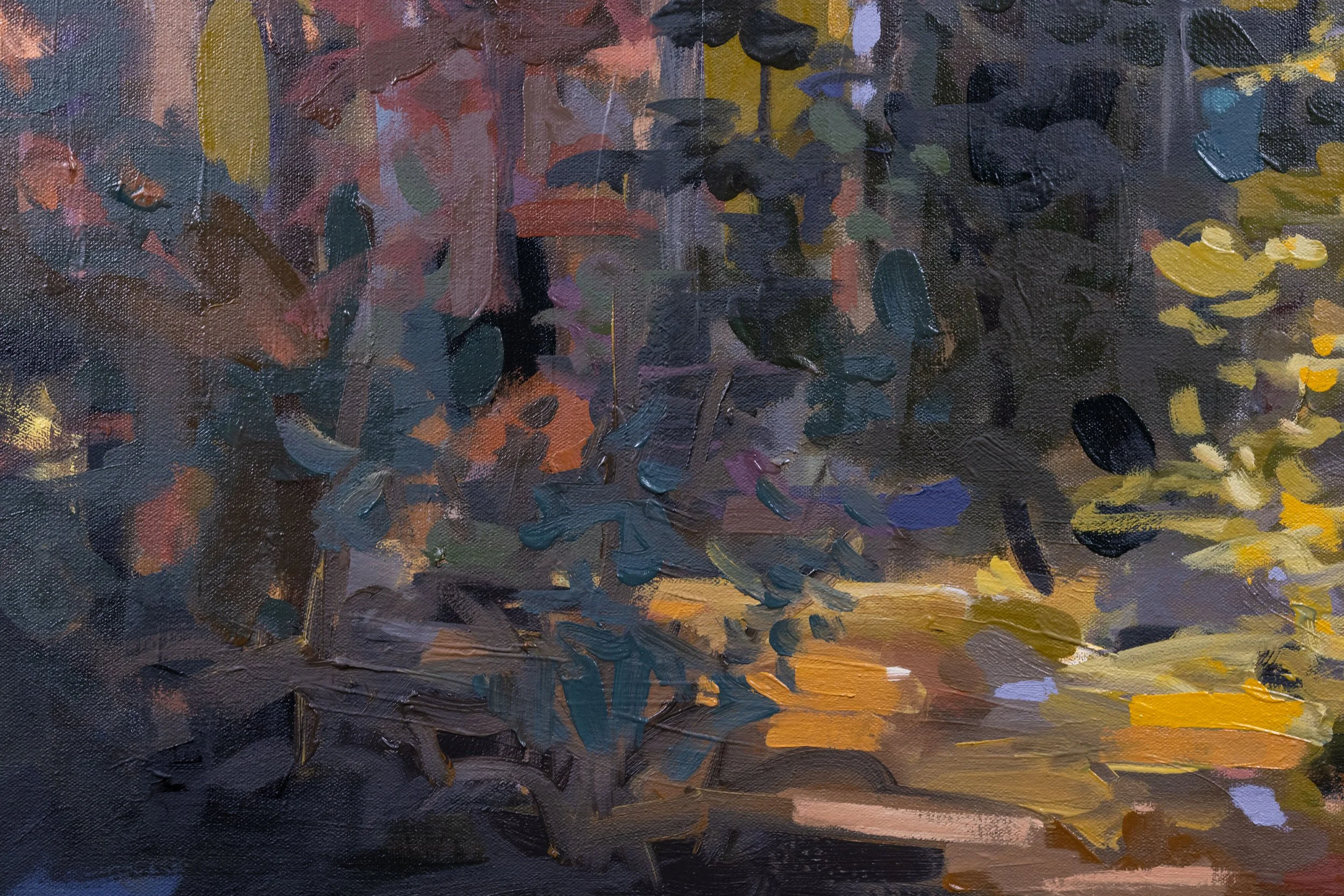 Original oil landscape painting by Asheville artist Cheyenne Trunnell showing up closet details of fall trees illuminated by golden light against mountain peaks, unframed, 36x48 inches.