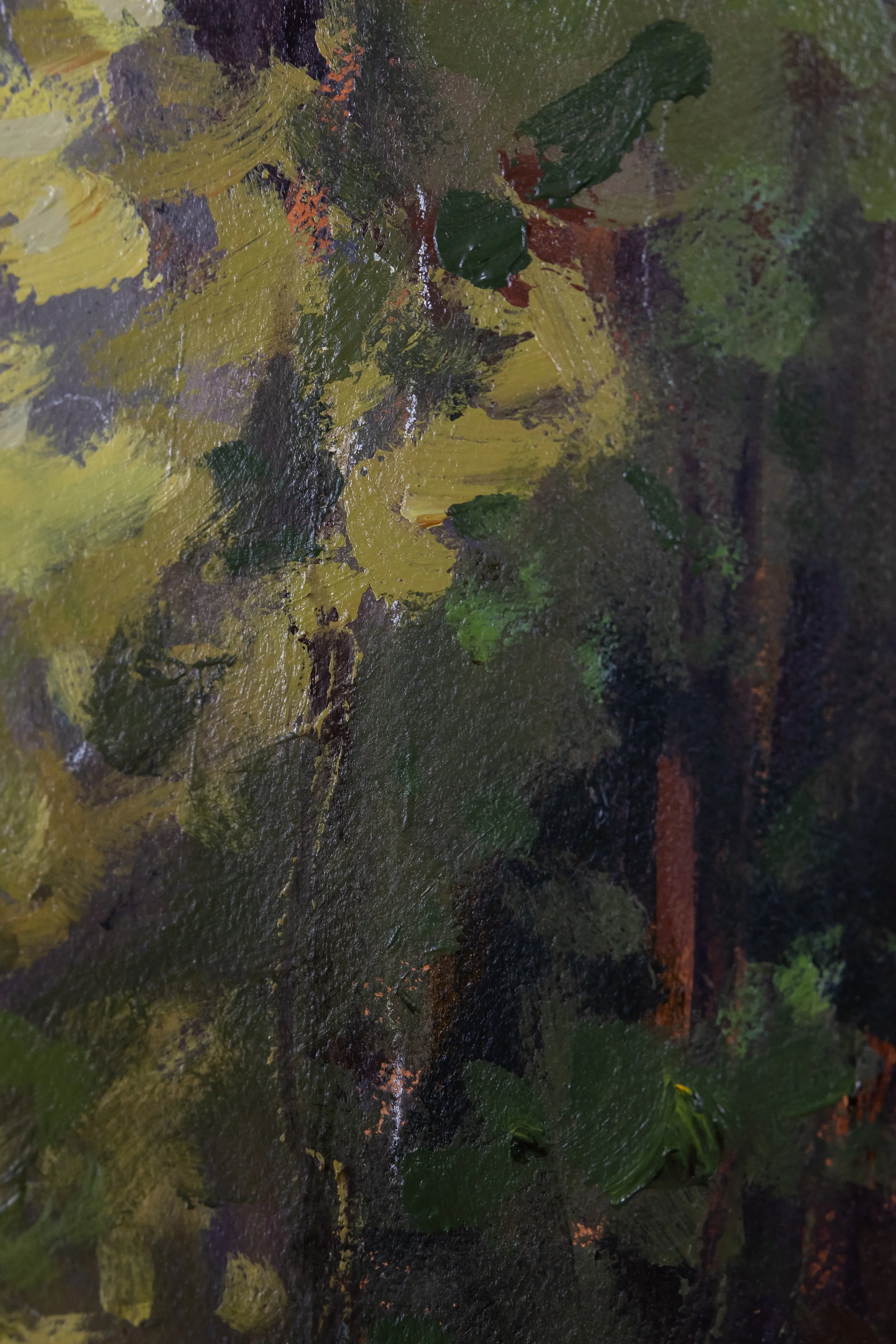 Detail of A Glimmer of Light by Cheyenne Trunnell, featuring textured layers of green, yellow, brown, and charcoal brushwork within the wooded landscape.