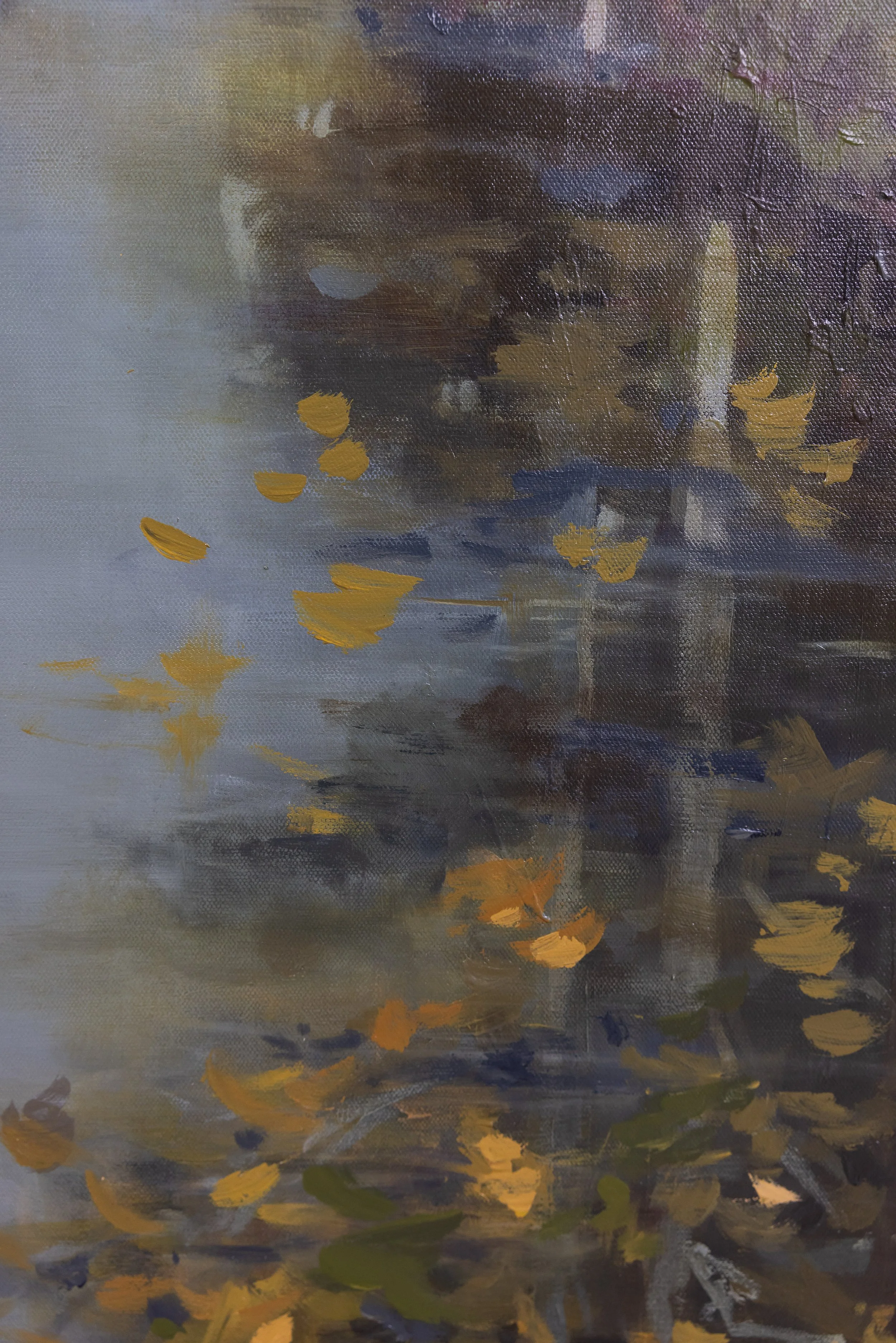 Detail of The Presence of Light by Cheyenne Trunnell, showing golden brushstrokes and soft reflections along the edge of the water.