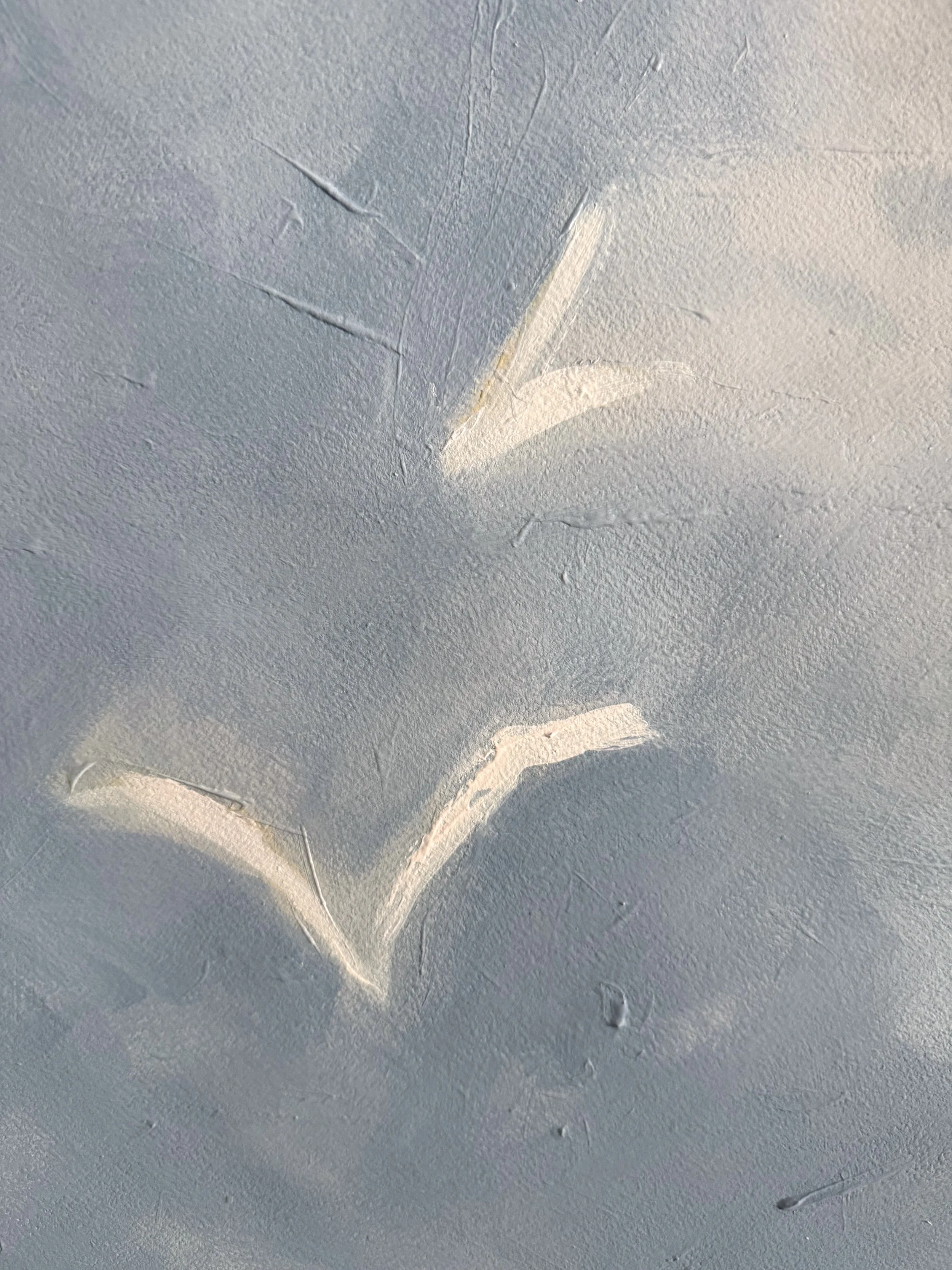 Original acrylic and gouache painting by Asheville artist Cheyenne Trunnell depicting up close details of white birds soaring across a blue sky, unframed, 31x45 inches.