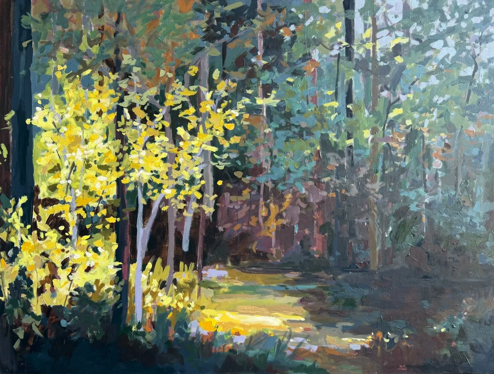 Original mixed media landscape painting by Asheville artist Cheyenne Trunnell showing a woodland scene with golden leaves, tall trees, and light moving across the forest floor.