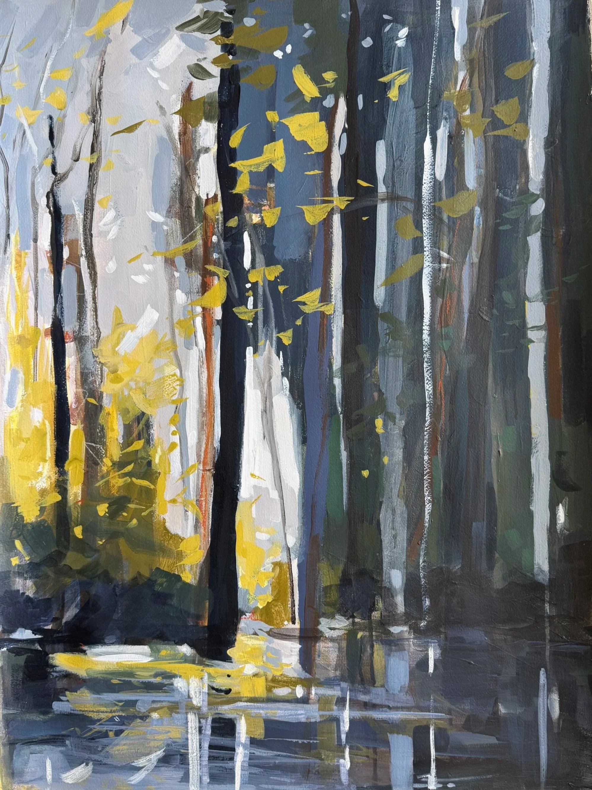 Original acrylic painting by Asheville artist Cheyenne Trunnell showing cool late-summer light filtering through tall forest trees in gold, gray, and deep green tones on Arches paper, 22×30 inches.