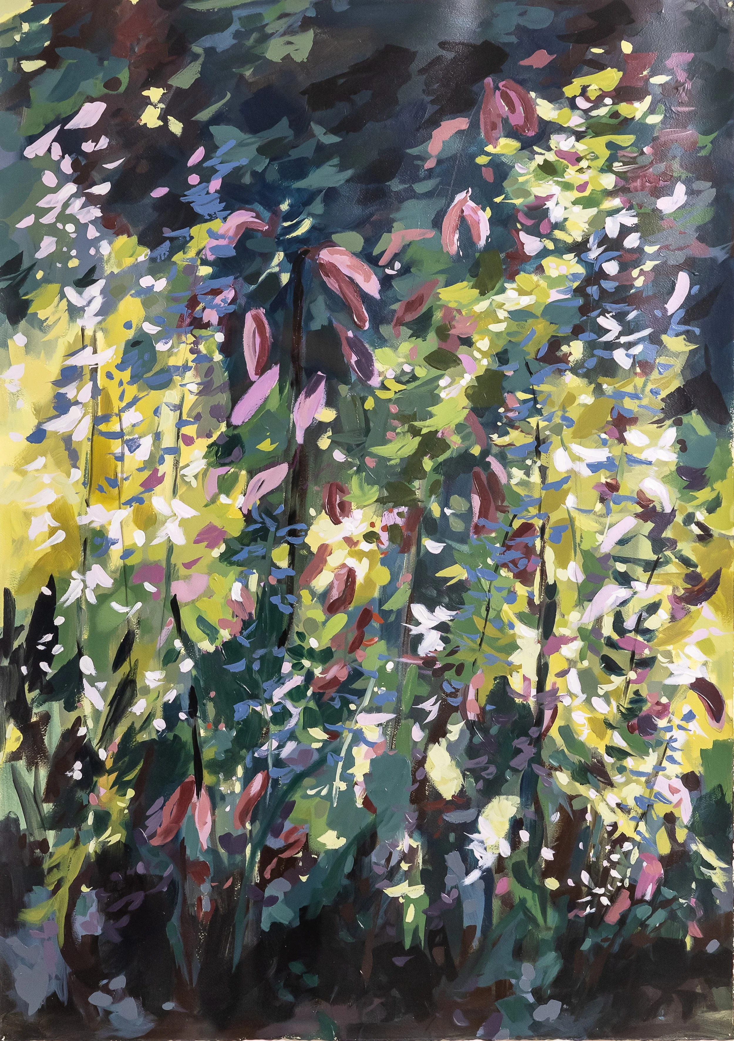 Framed abstract floral landscape painting by Asheville artist Cheyenne Trunnell with luminous color and expressive brushwork.