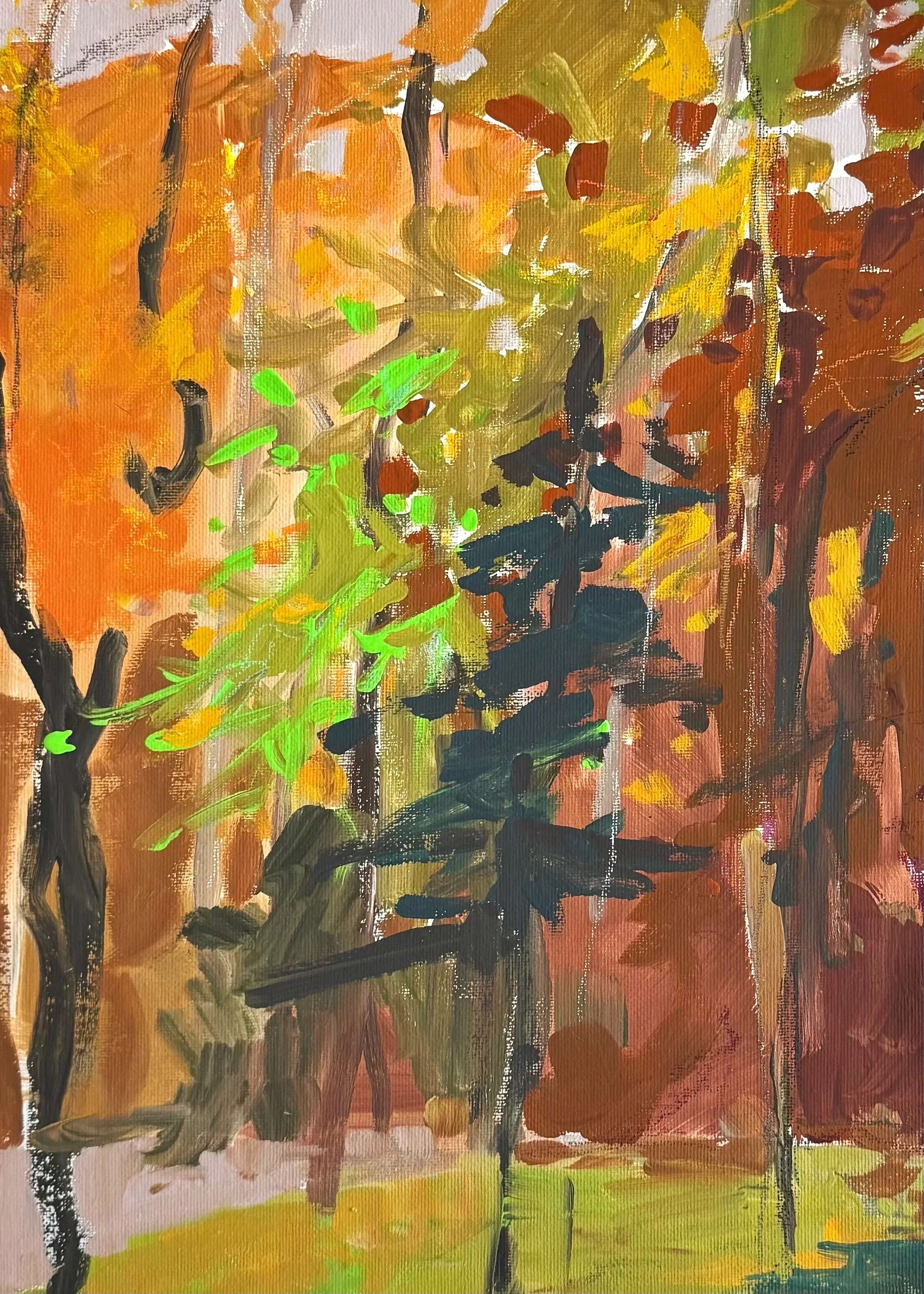 Details of brushwork of bold orange, gold, and green suggesting fall trees and forest light