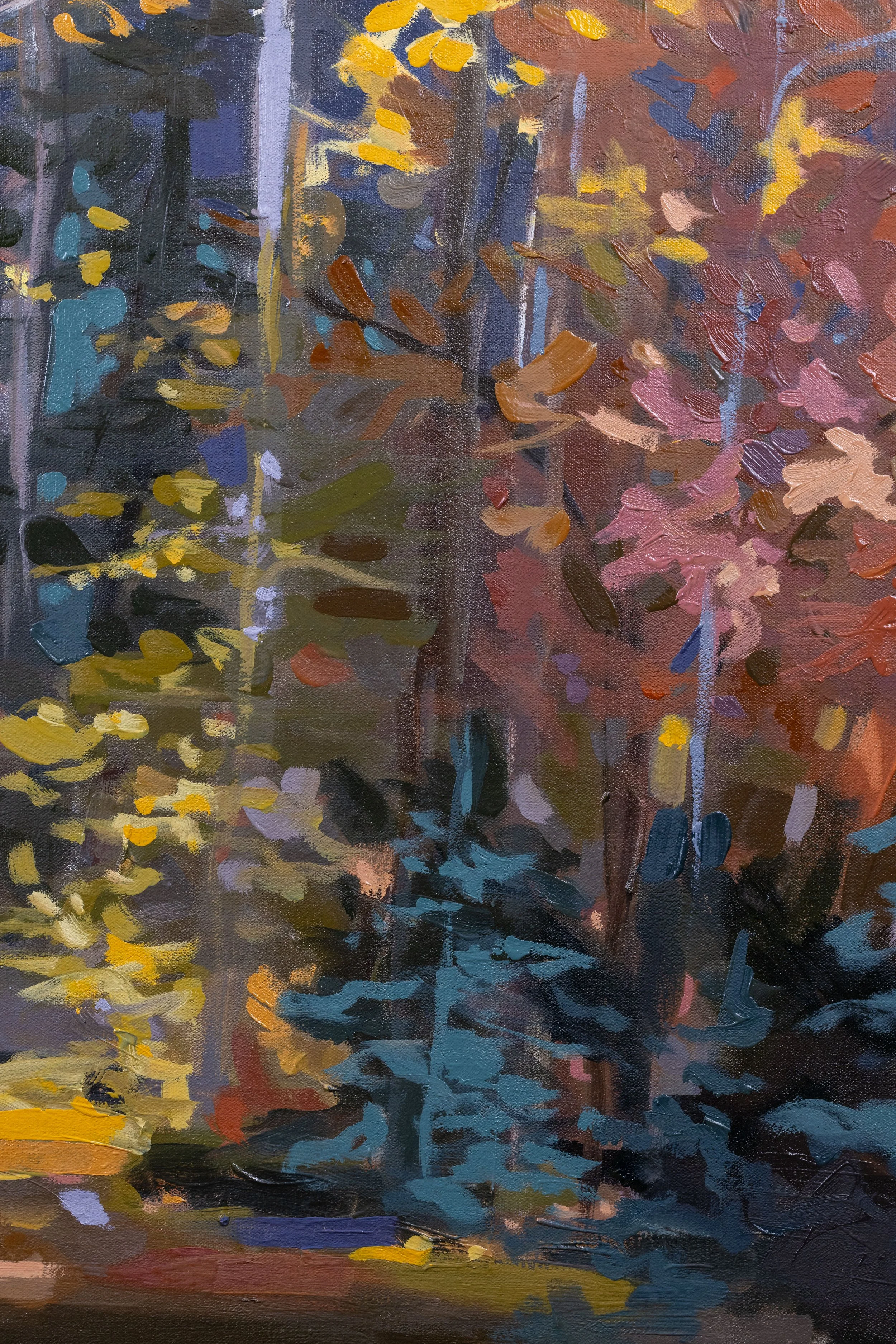 Original oil landscape painting by Asheville artist Cheyenne Trunnell showing up closet details of fall trees illuminated by golden light against mountain peaks, unframed, 36x48 inches.