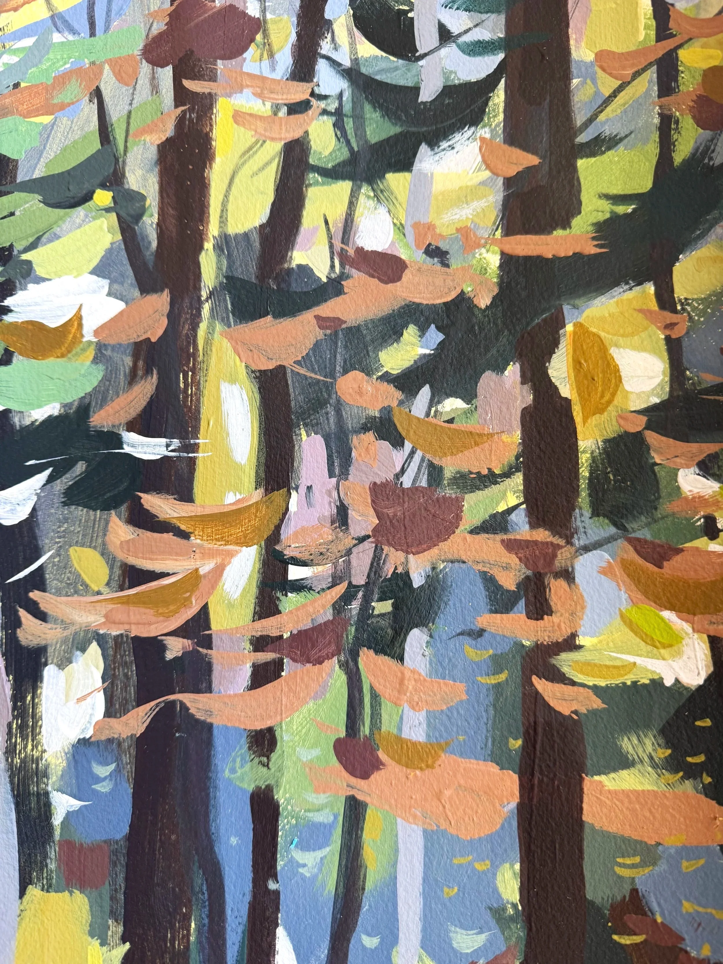 Close-up of tree trunks, shadows, and dappled light from Cheyenne Trunnell’s acrylic woodland painting.