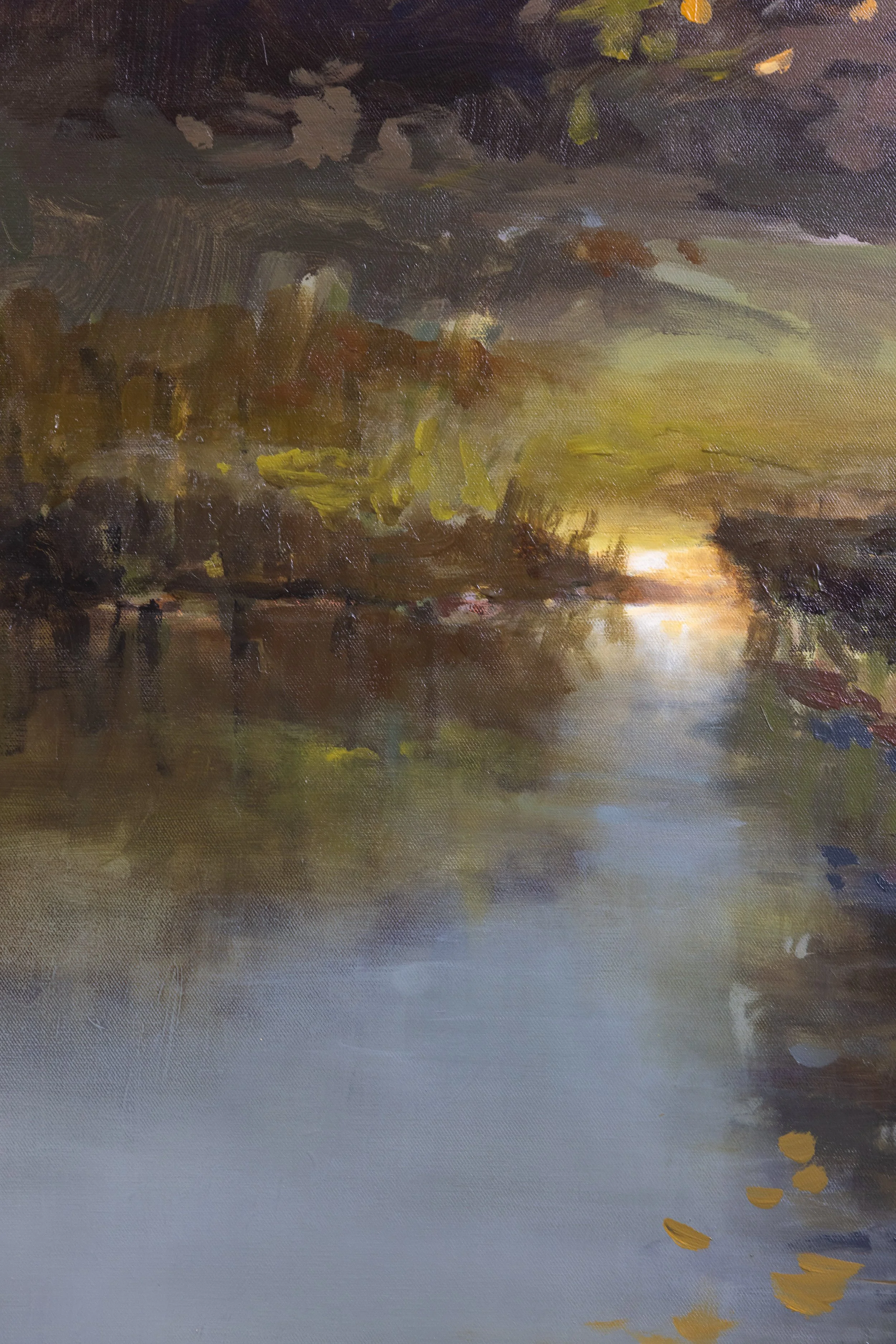 Detail of The Presence of Light by Cheyenne Trunnell, showing soft reflected light moving across the water toward a luminous opening.