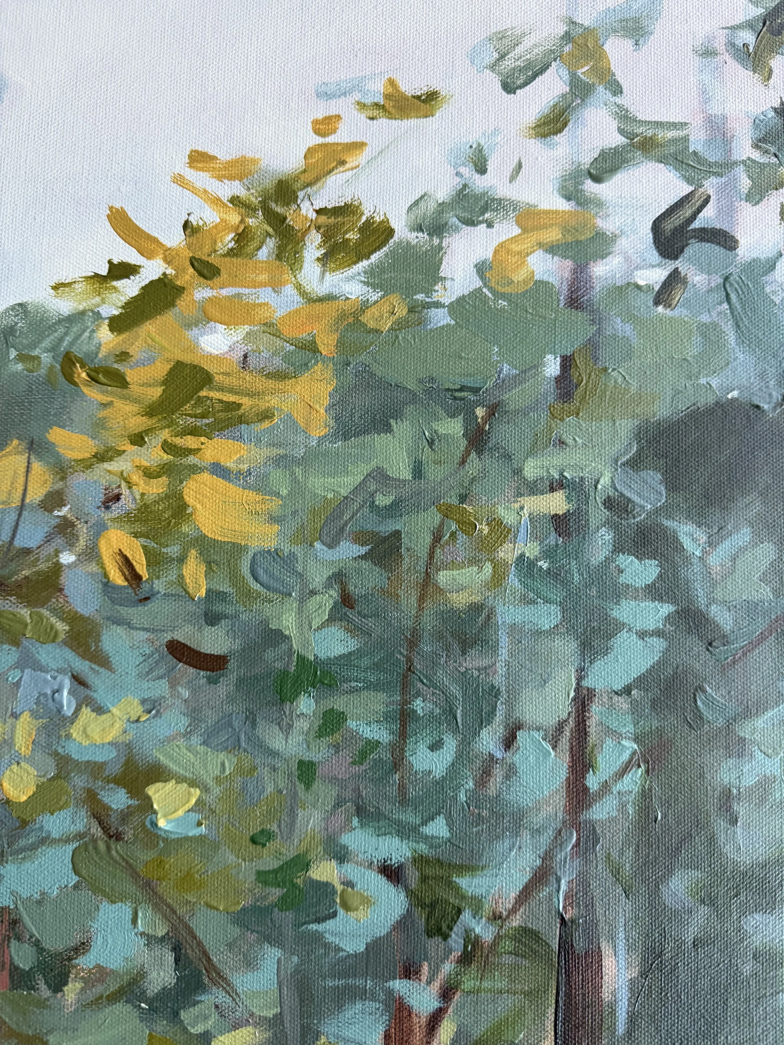 Detail of an expressive forest canopy painted in soft blue-green, olive, and golden tones.