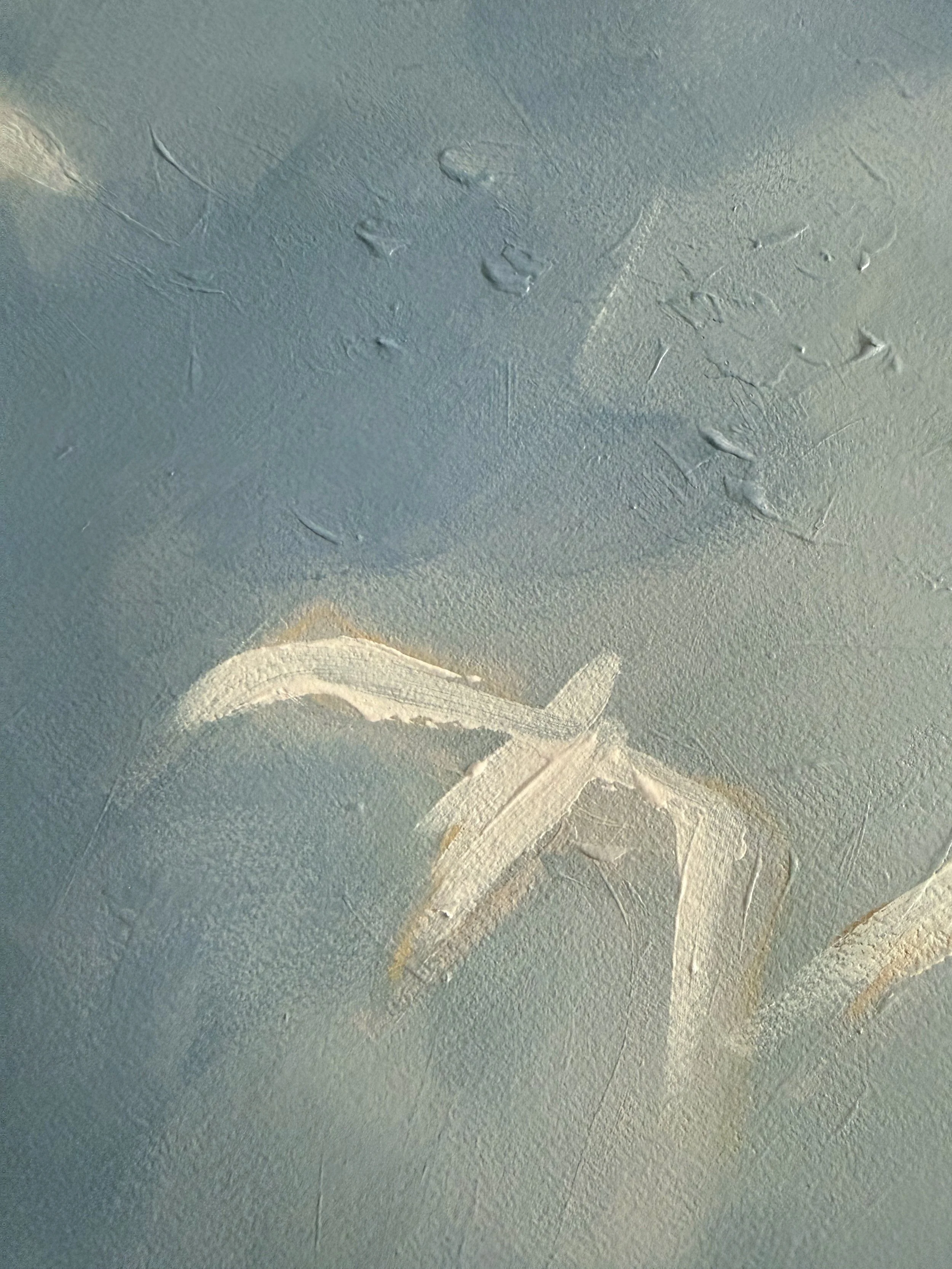 Original acrylic and gouache painting by Asheville artist Cheyenne Trunnell depicting up close details of white birds soaring across a blue sky, unframed, 31x45 inches.