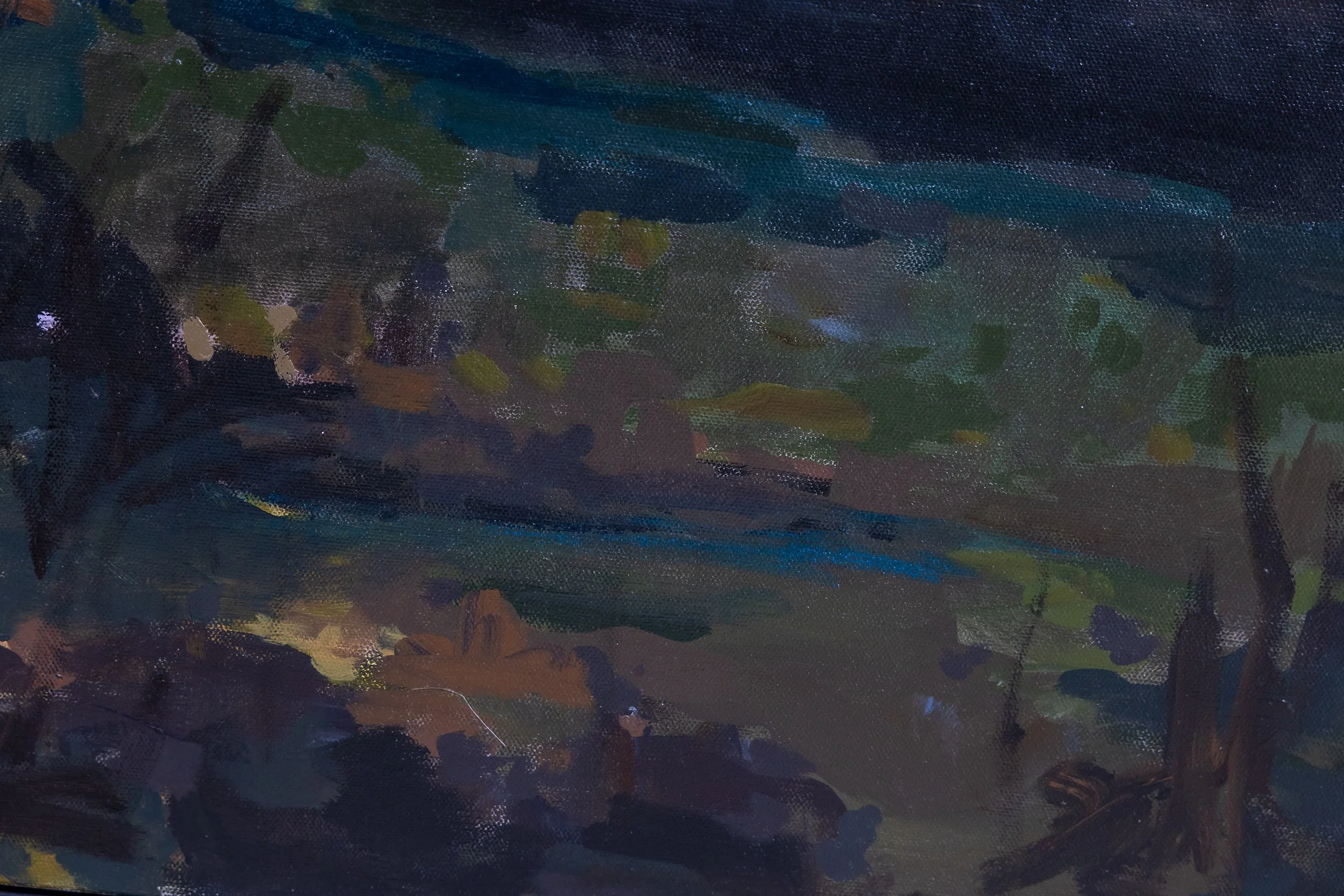 Close-up detail of original acrylic landscape painting by Asheville artist Cheyenne Trunnell featuring expressive brushwork and layered earth tones in the foreground, framed.