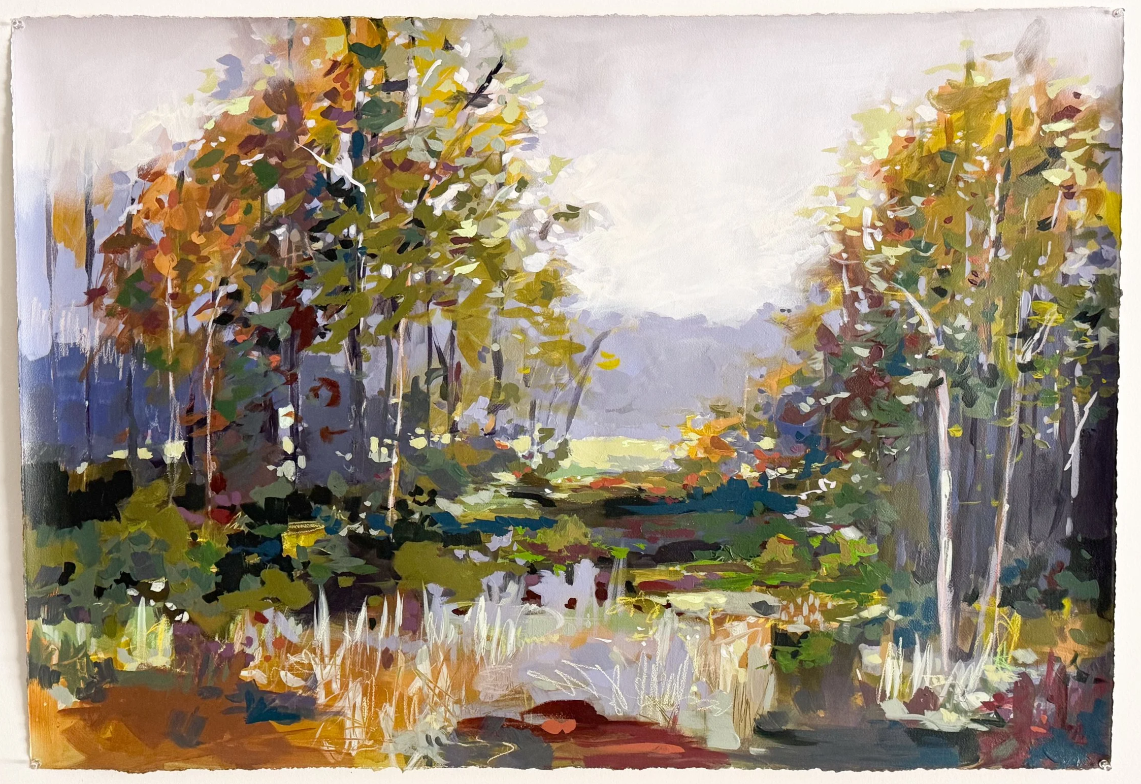 Original mixed media landscape painting by Asheville artist Cheyenne Trunnell depicting an early fall meadow in soft, golden light, unframed, 31x45 inches.