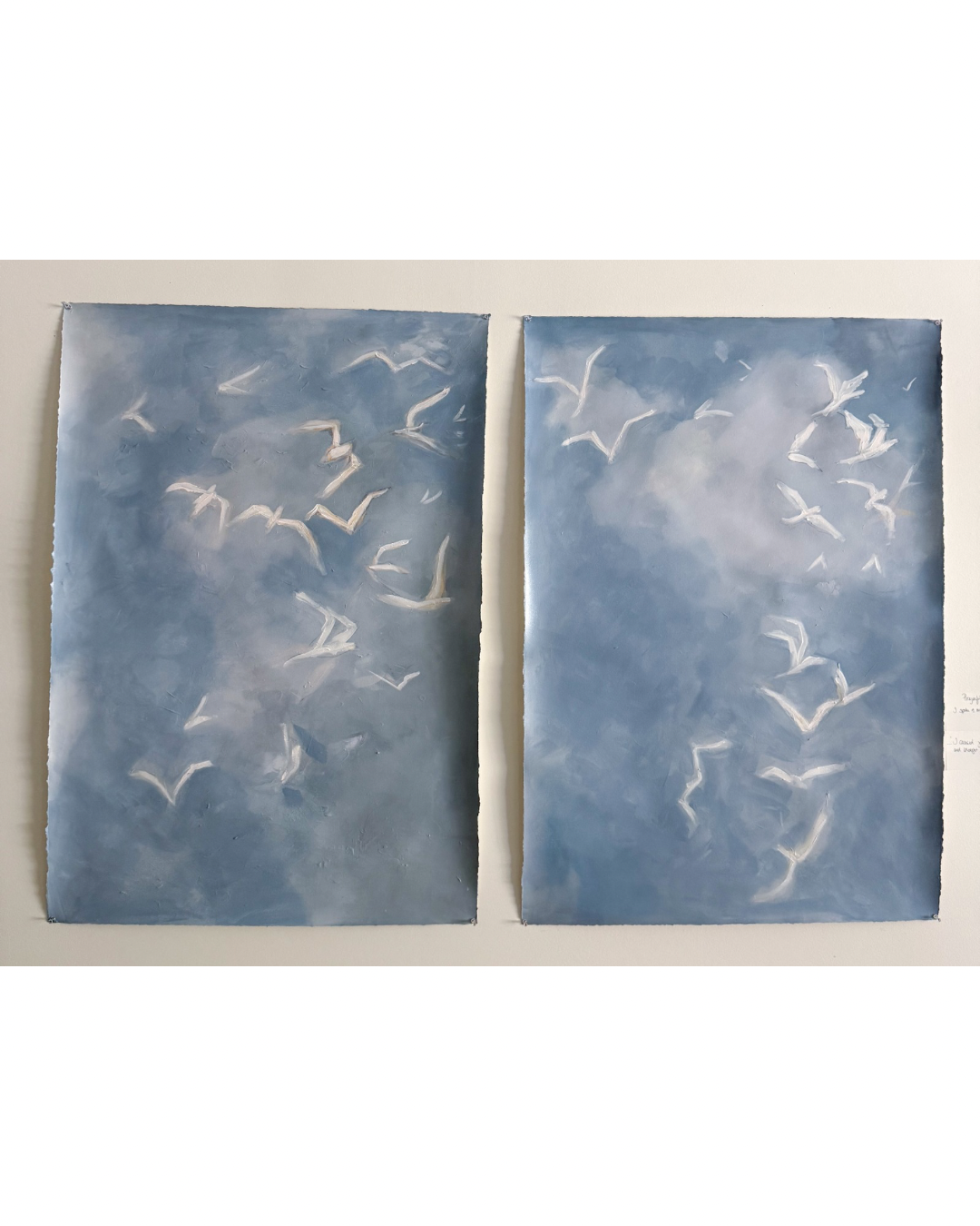Original acrylic and gouache paintings by Asheville artist Cheyenne Trunnell depicting white birds soaring across a blue sky, unframed, 31x45 inches.