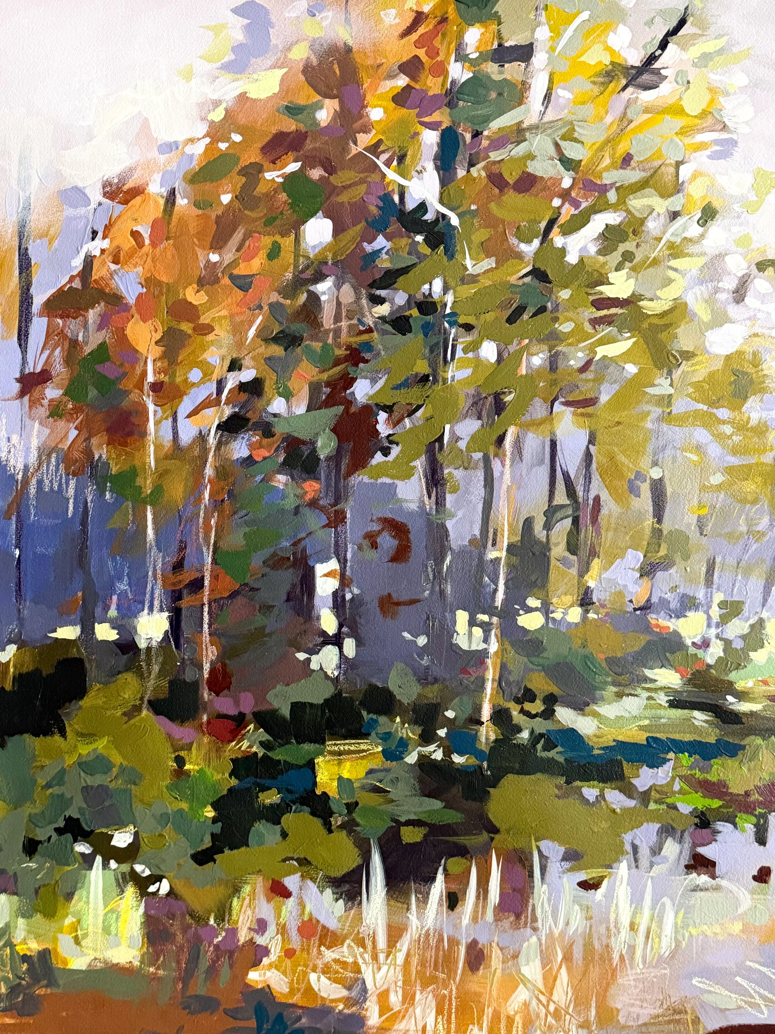 Original mixed media landscape painting by Asheville artist Cheyenne Trunnell depicting up close details of an early fall meadow in soft, golden light, unframed, 31x45 inches.