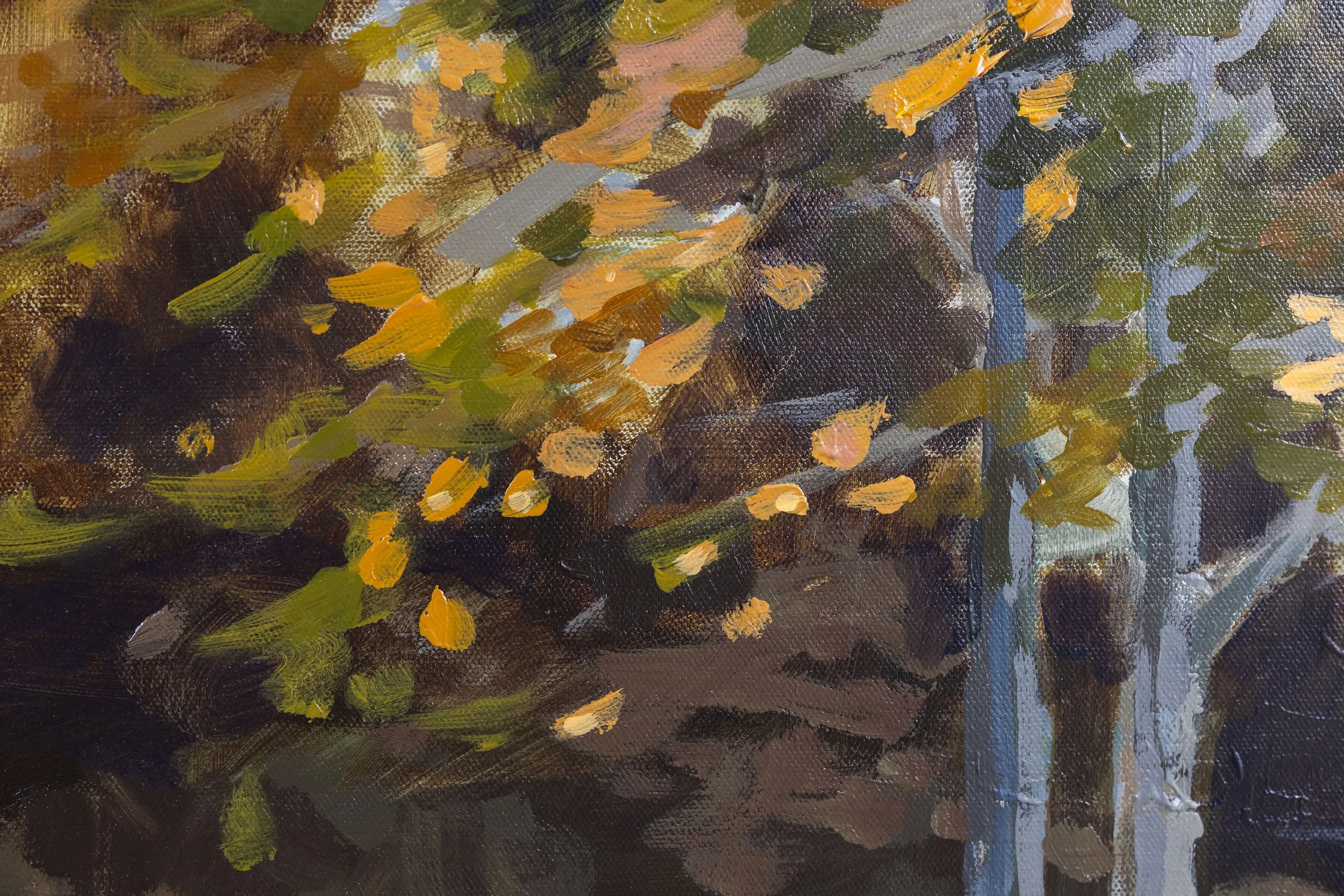 Detail of The Presence of Light by Cheyenne Trunnell, featuring expressive golden and green foliage layered around pale blue-gray tree trunks.