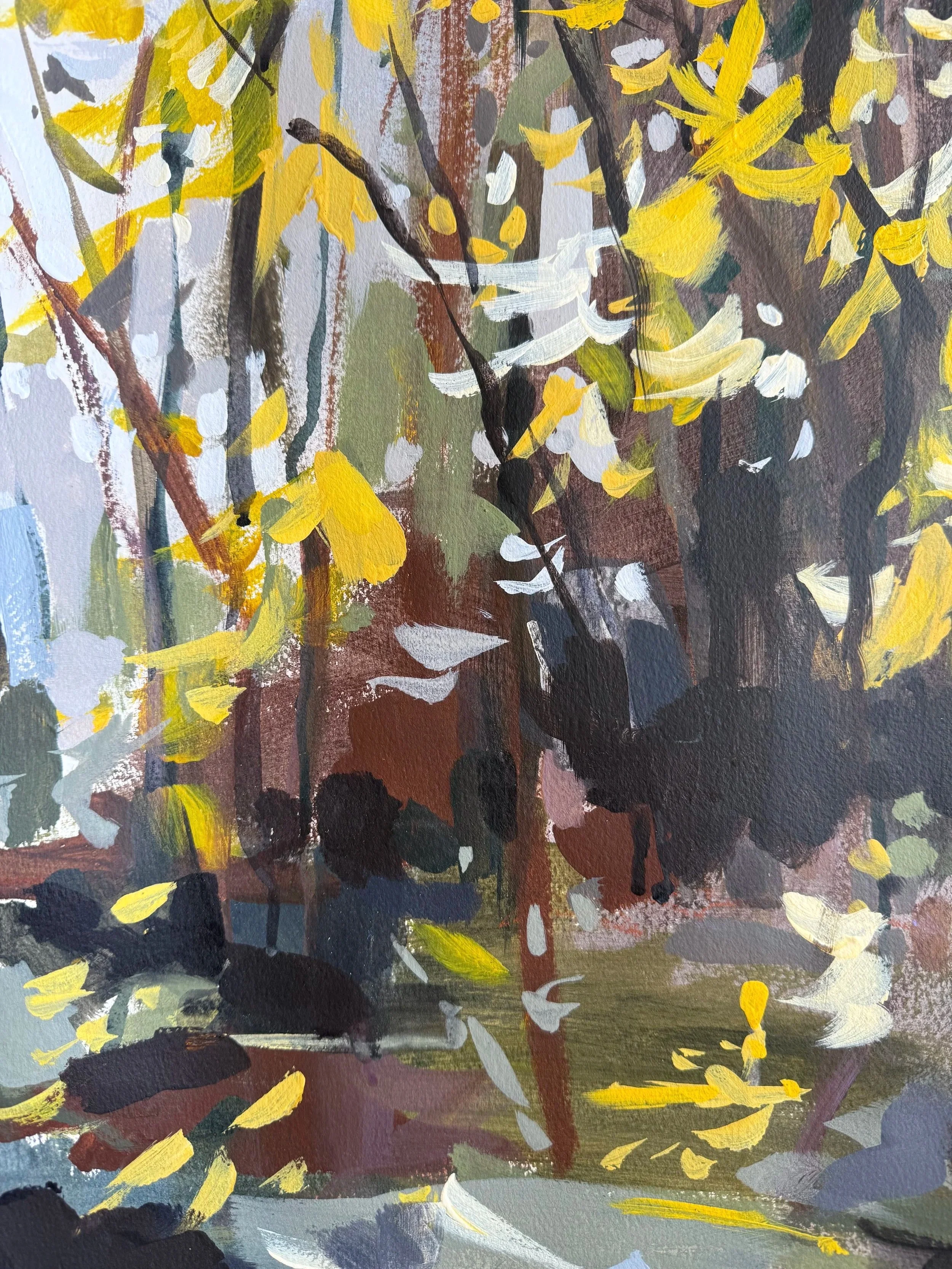 Close-up of Cheyenne Trunnell’s acrylic brushwork showing layered yellows, whites, and greens in the forsythia branches.