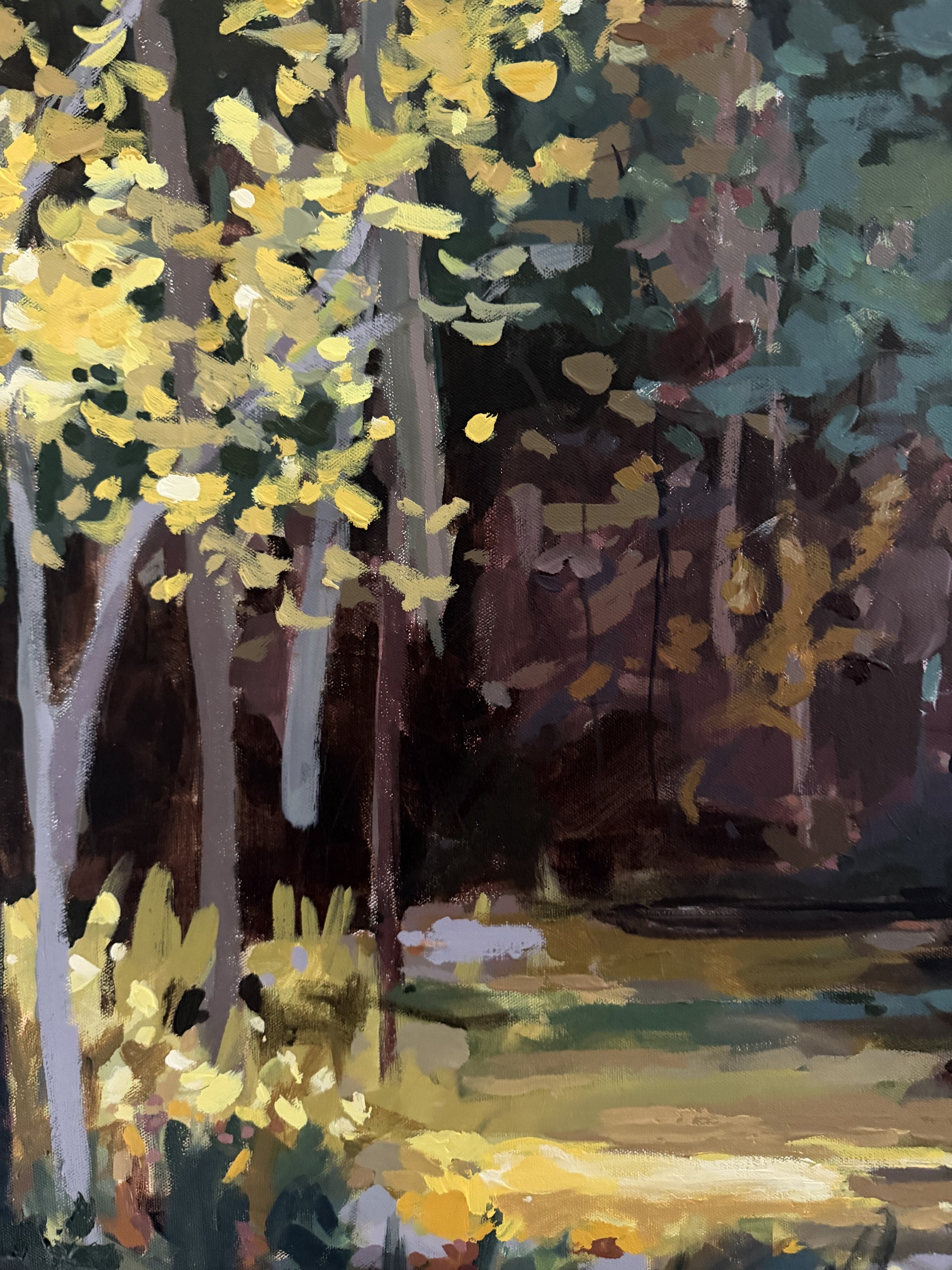 Detail of mixed media landscape painting featuring yellow leaves and layered forest canopy with expressive brushwork and filtered natural light.