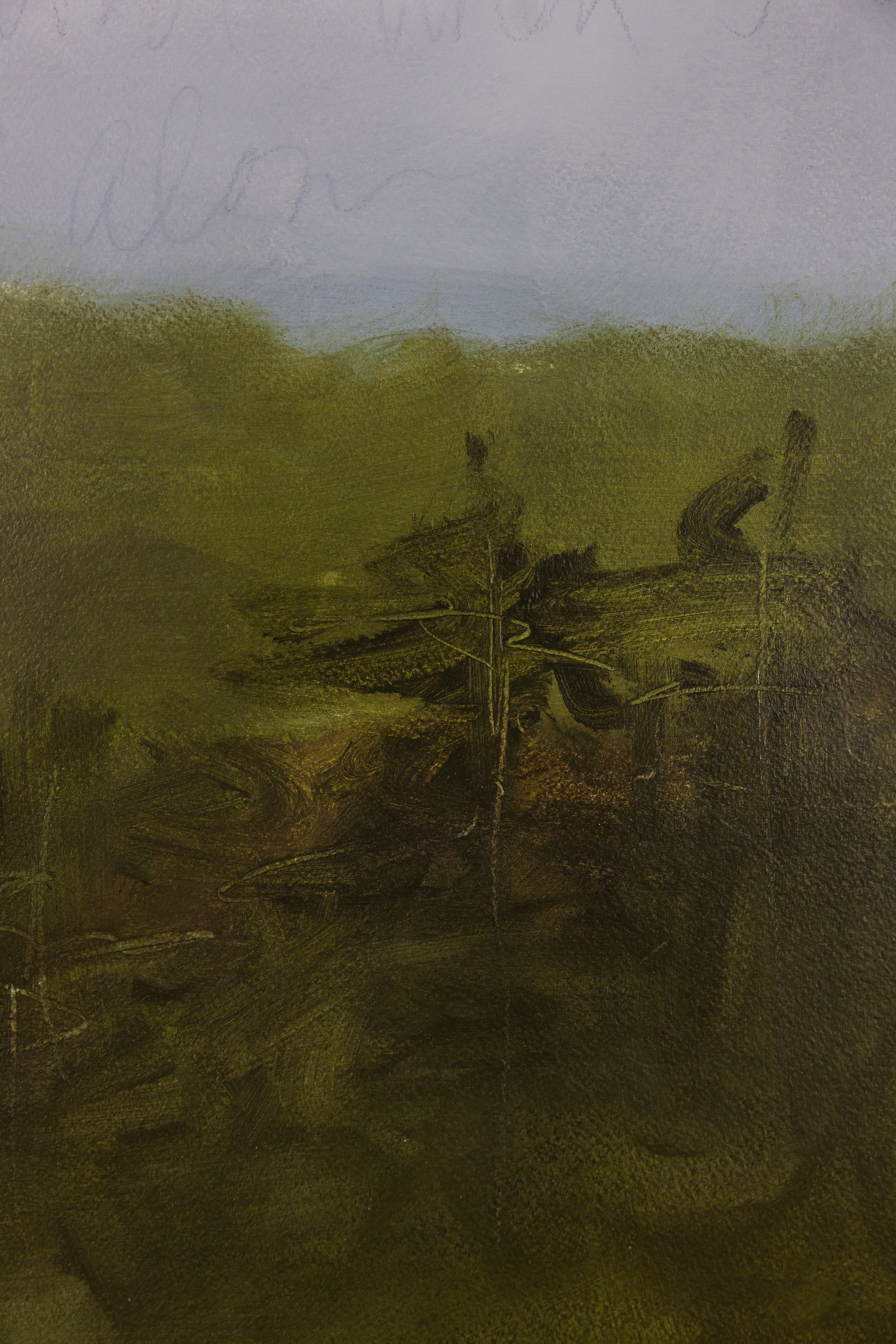 Detail of On the Wings of Dawn I by Cheyenne Trunnell, featuring dark expressive marks and layered green tones across the hillside.