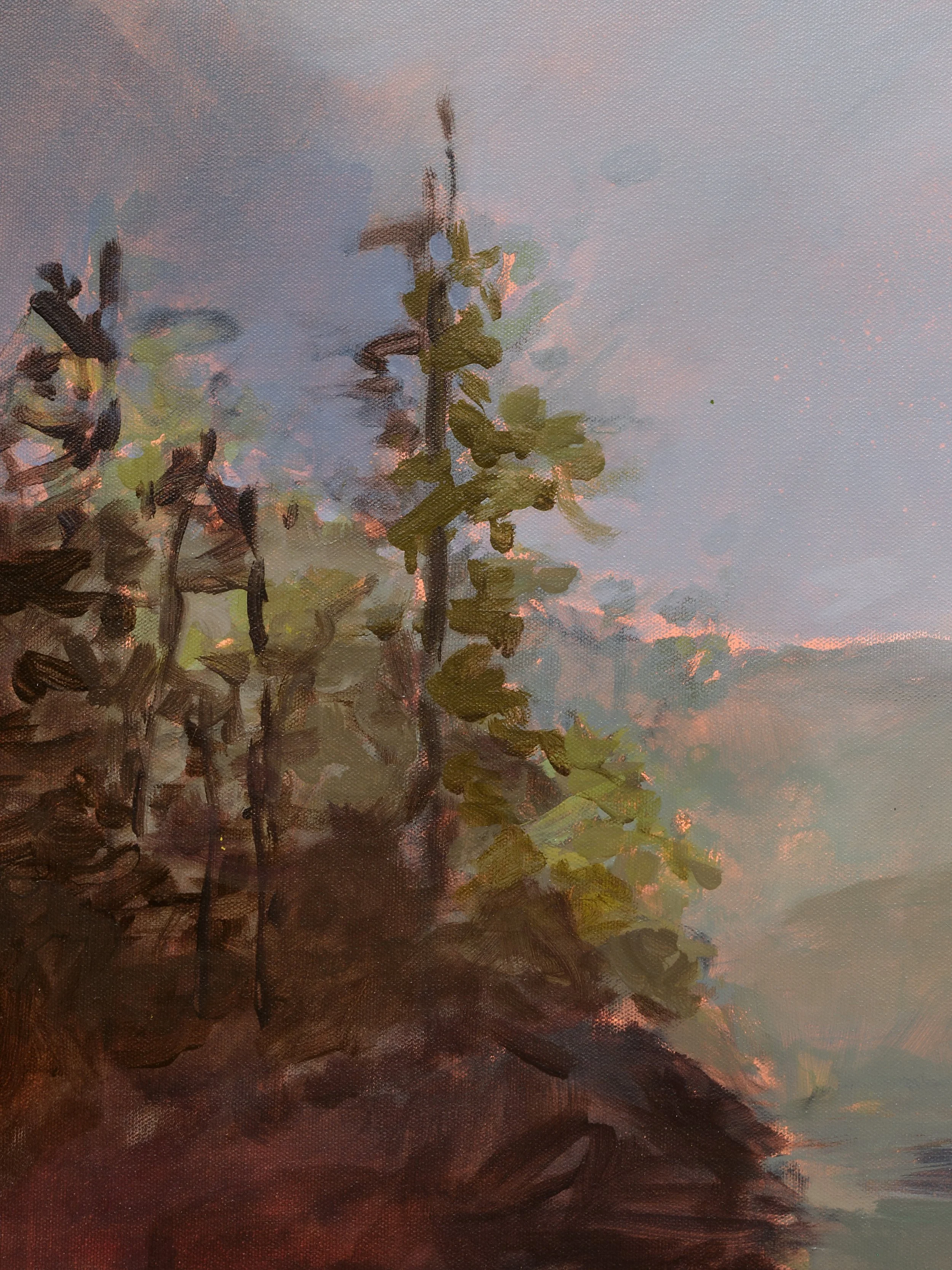 Close-up of Where Still Waters Lead showing layered trees, soft blue-gray hills, and expressive brushwork in earthy green and rust tones.